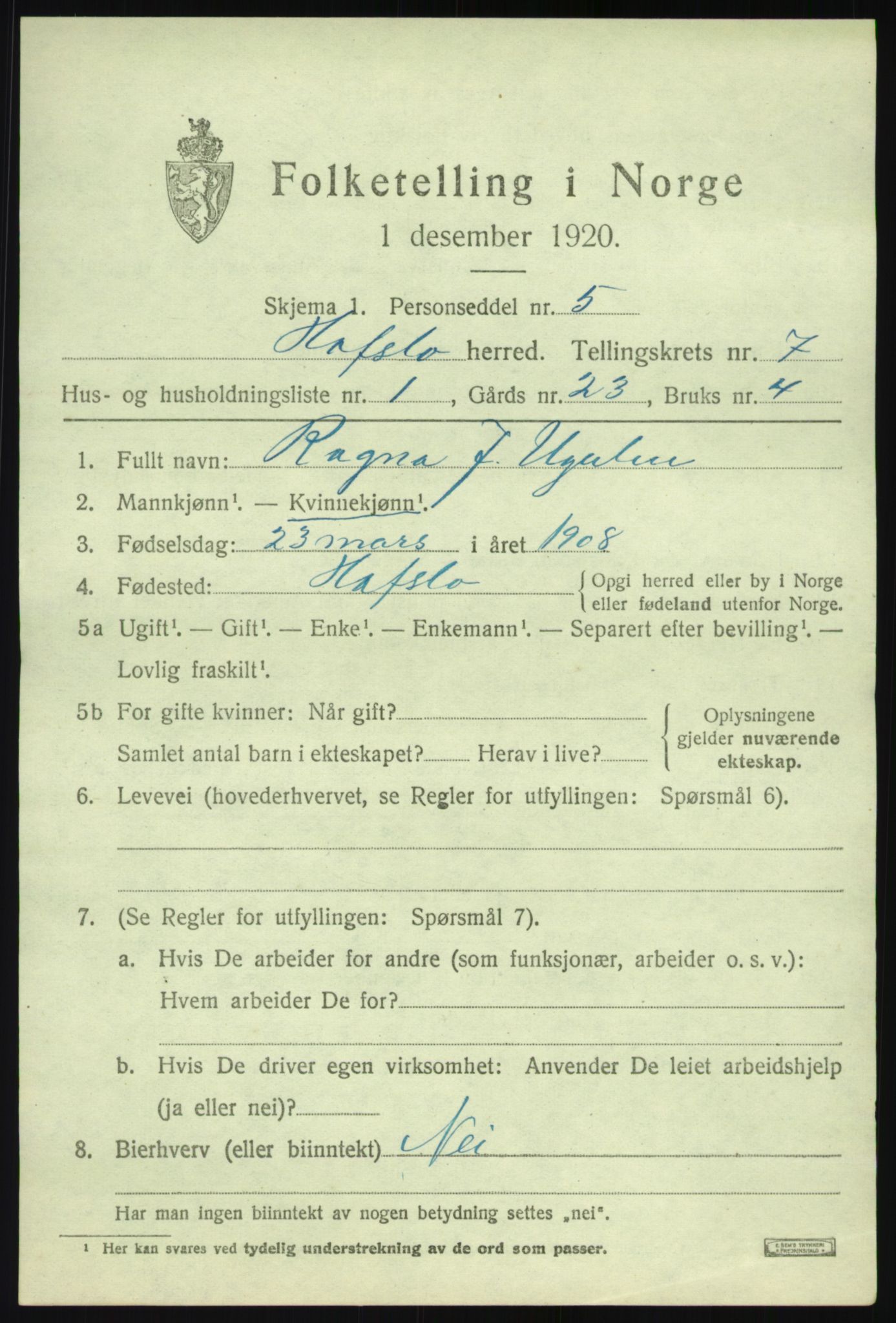 SAB, 1920 census for Hafslo, 1920, p. 5096