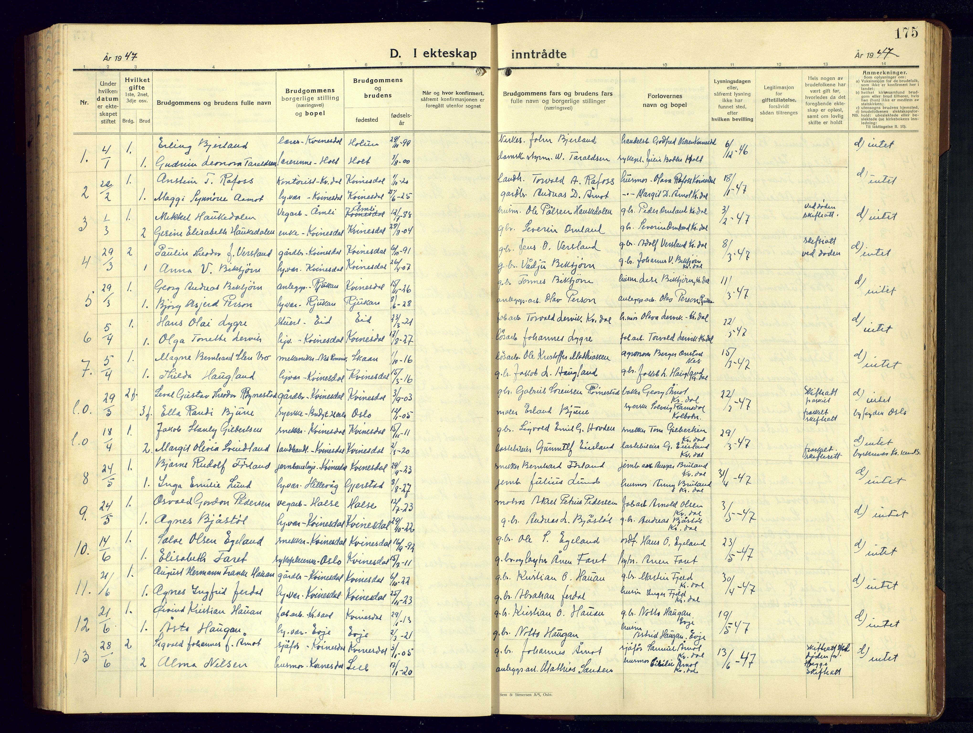 Kvinesdal sokneprestkontor, AV/SAK-1111-0026/F/Fb/Fbb/L0005: Parish register (copy) no. B 5, 1939-1956, p. 175