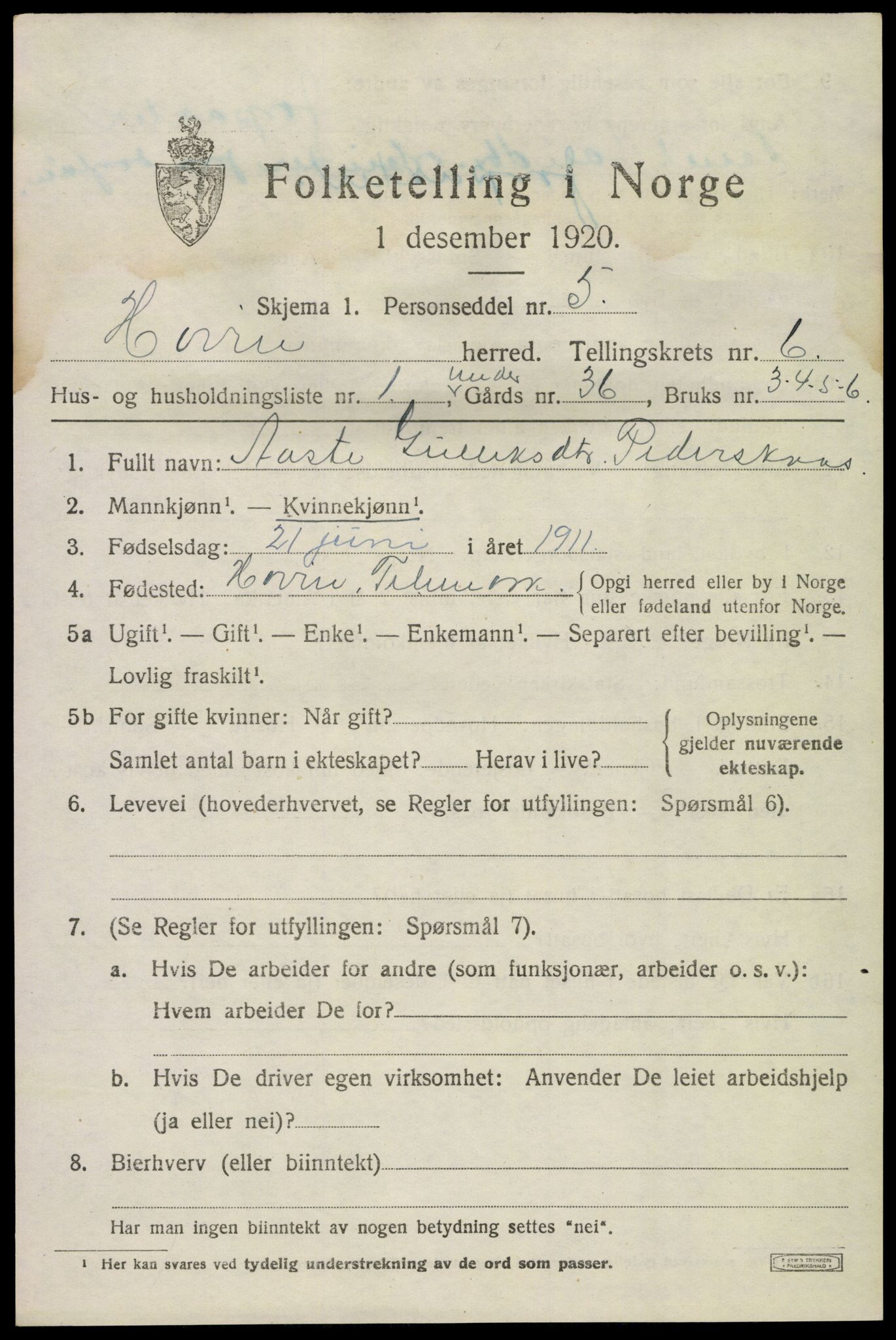 SAKO, 1920 census for Hovin, 1920, p. 1445