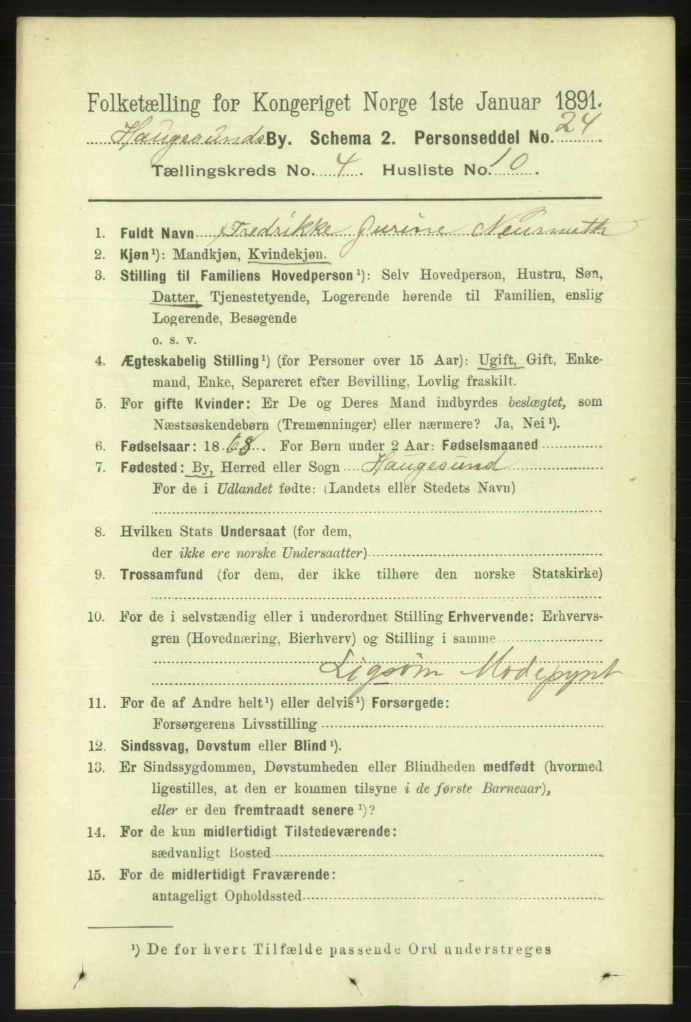 RA, 1891 census for 1106 Haugesund, 1891, p. 1279