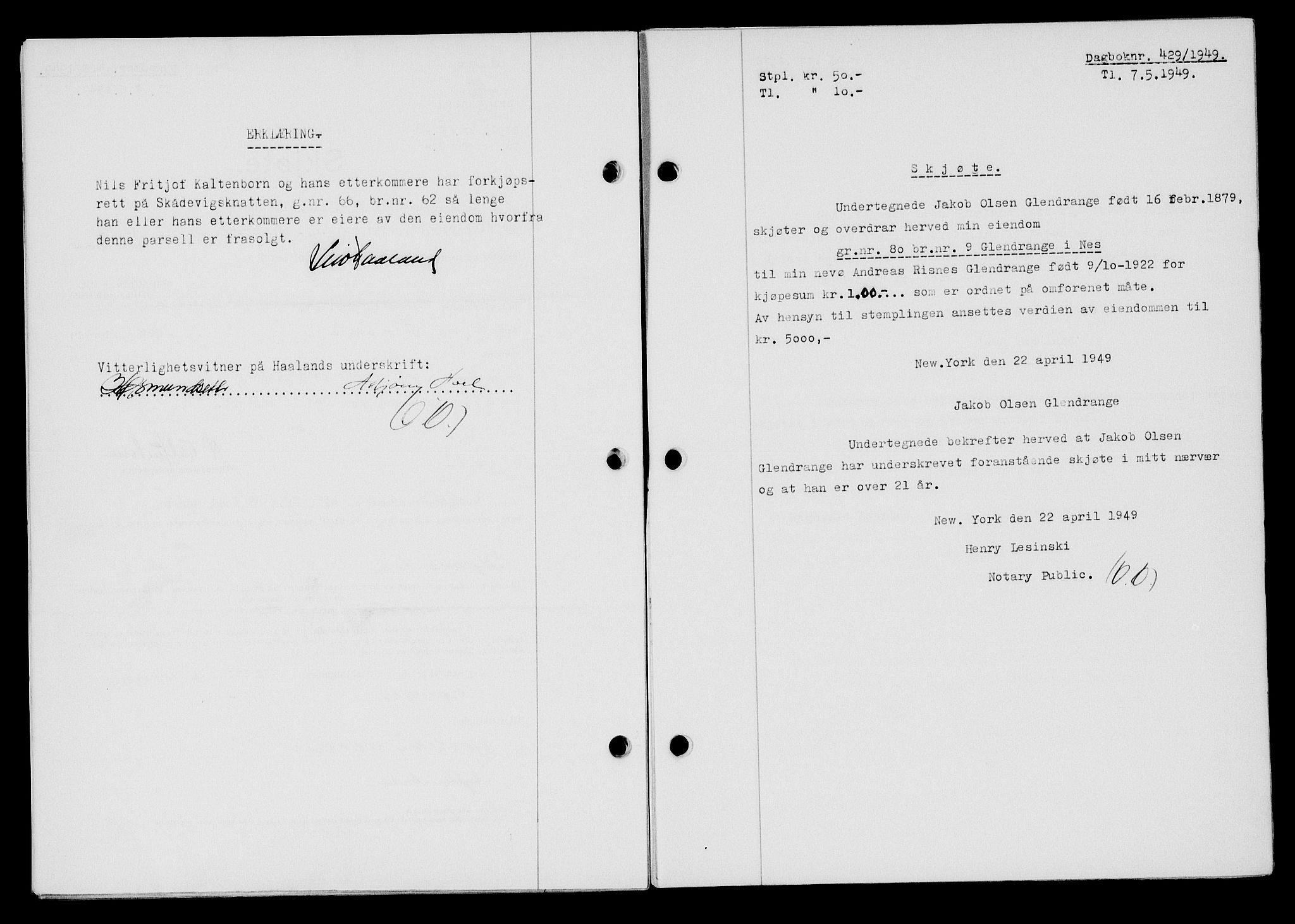 Flekkefjord sorenskriveri, SAK/1221-0001/G/Gb/Gba/L0065: Mortgage book no. A-13, 1949-1949, Diary no: : 429/1949