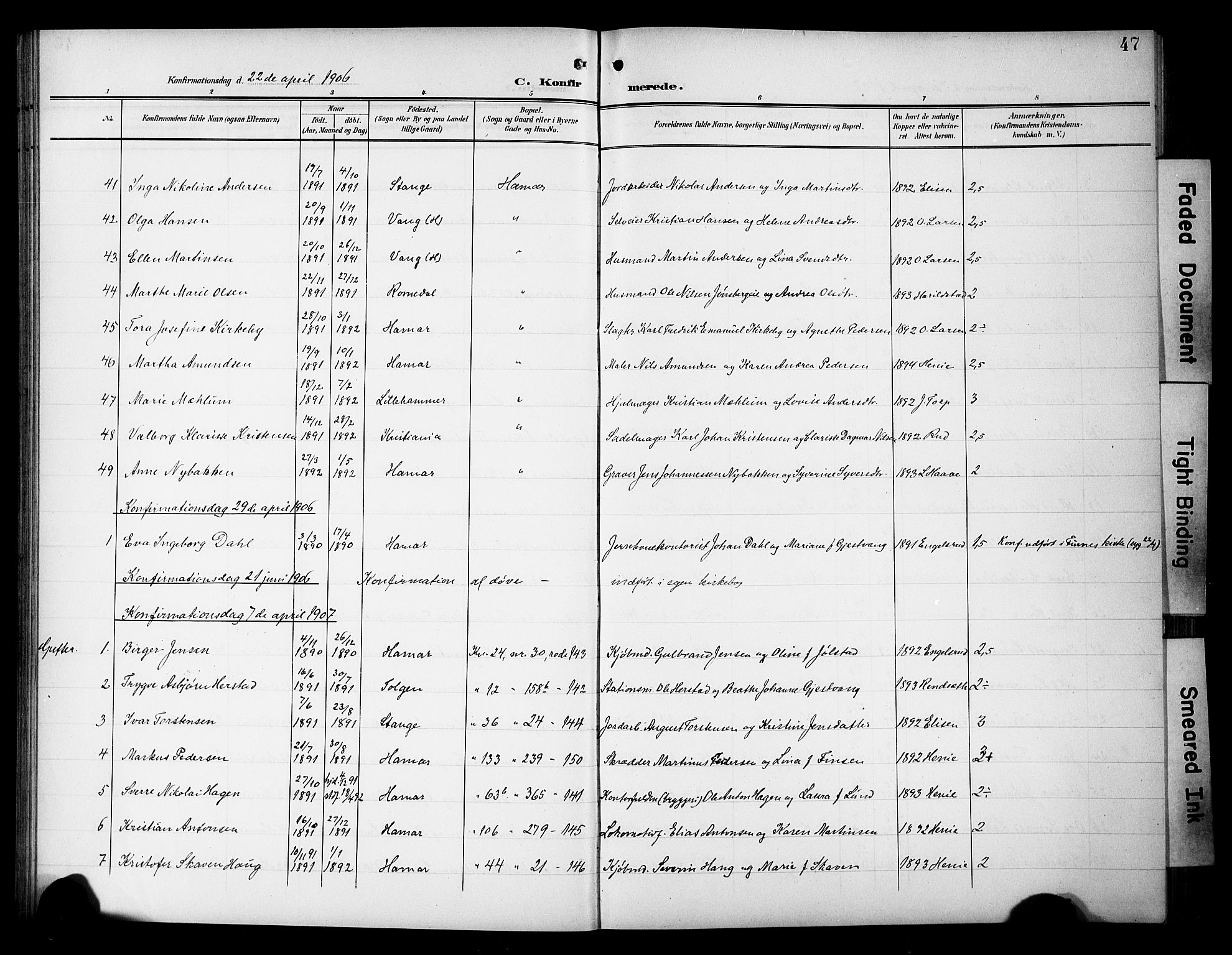 Hamar prestekontor, SAH/DOMPH-002/H/Ha/Hab/L0002: Parish register (copy) no. 2, 1899-1929, p. 47