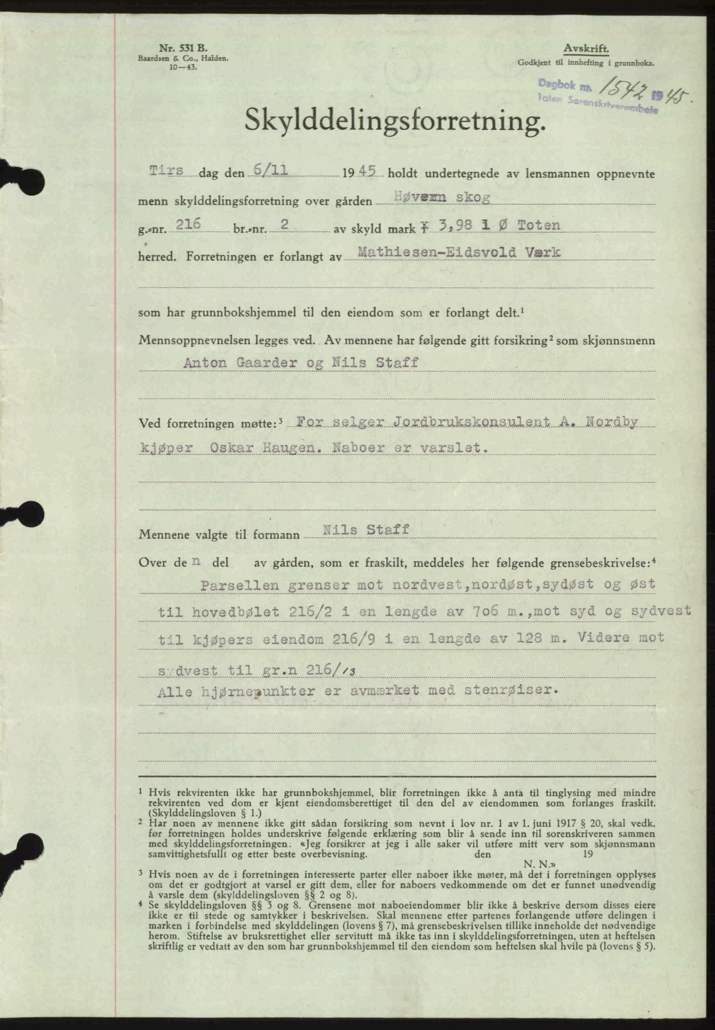 Toten tingrett, SAH/TING-006/H/Hb/Hbc/L0013: Mortgage book no. Hbc-13, 1945-1945, Diary no: : 1542/1945