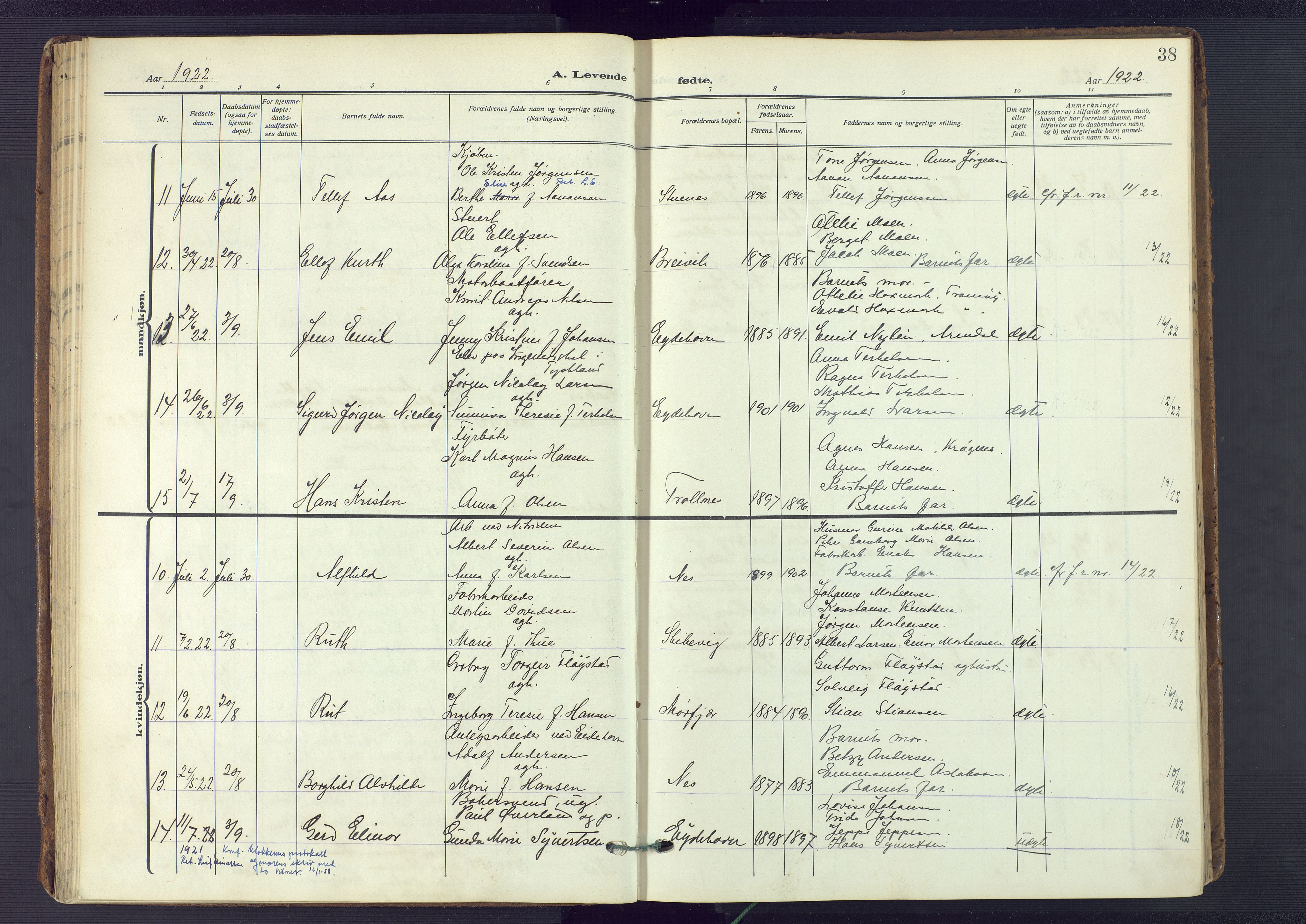 Austre Moland sokneprestkontor, AV/SAK-1111-0001/F/Fa/Fab/L0003: Parish register (official) no. A 3, 1914-1927, p. 38