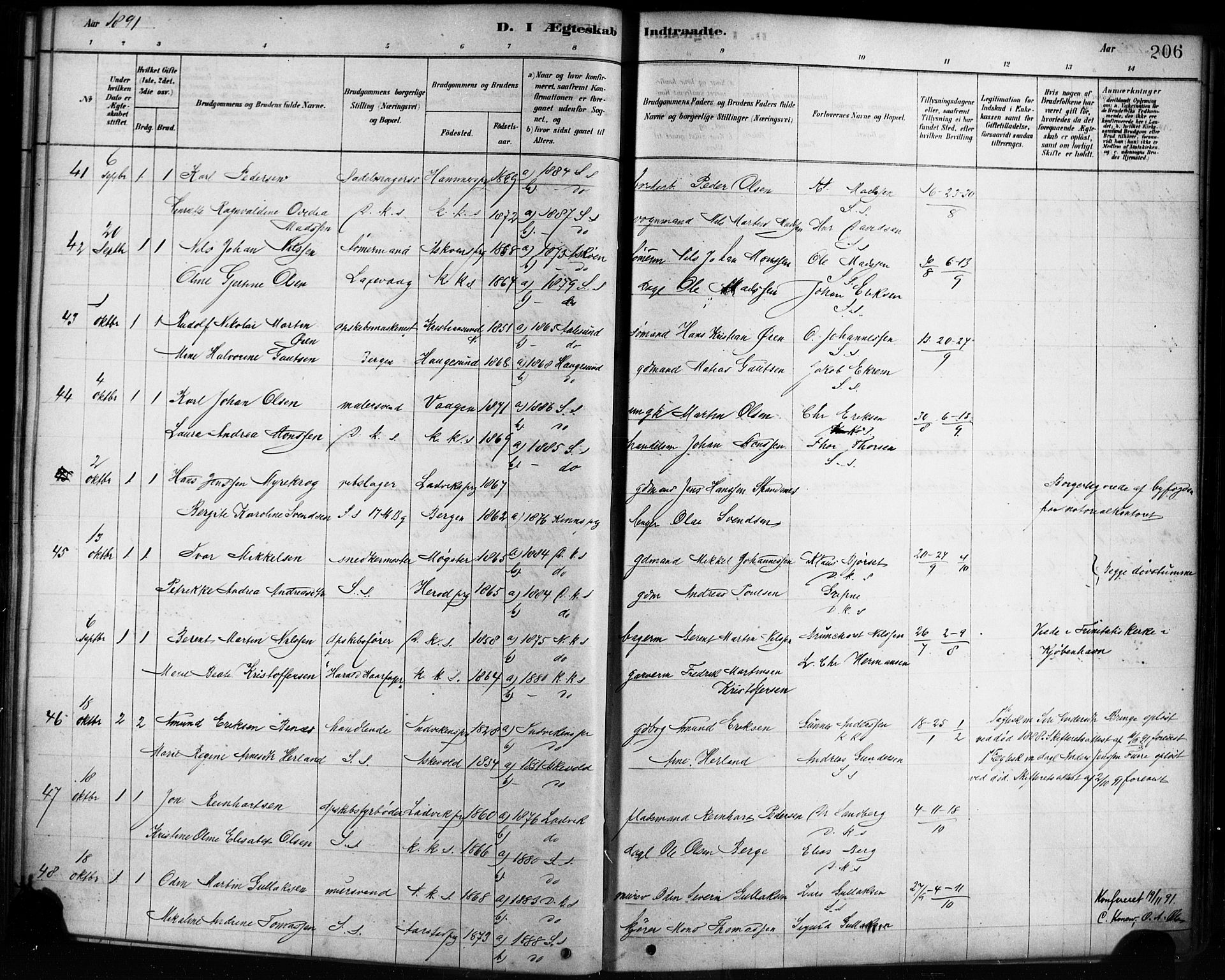 Sandviken Sokneprestembete, AV/SAB-A-77601/H/Ha/L0002: Parish register (official) no. A 2, 1878-1896, p. 206