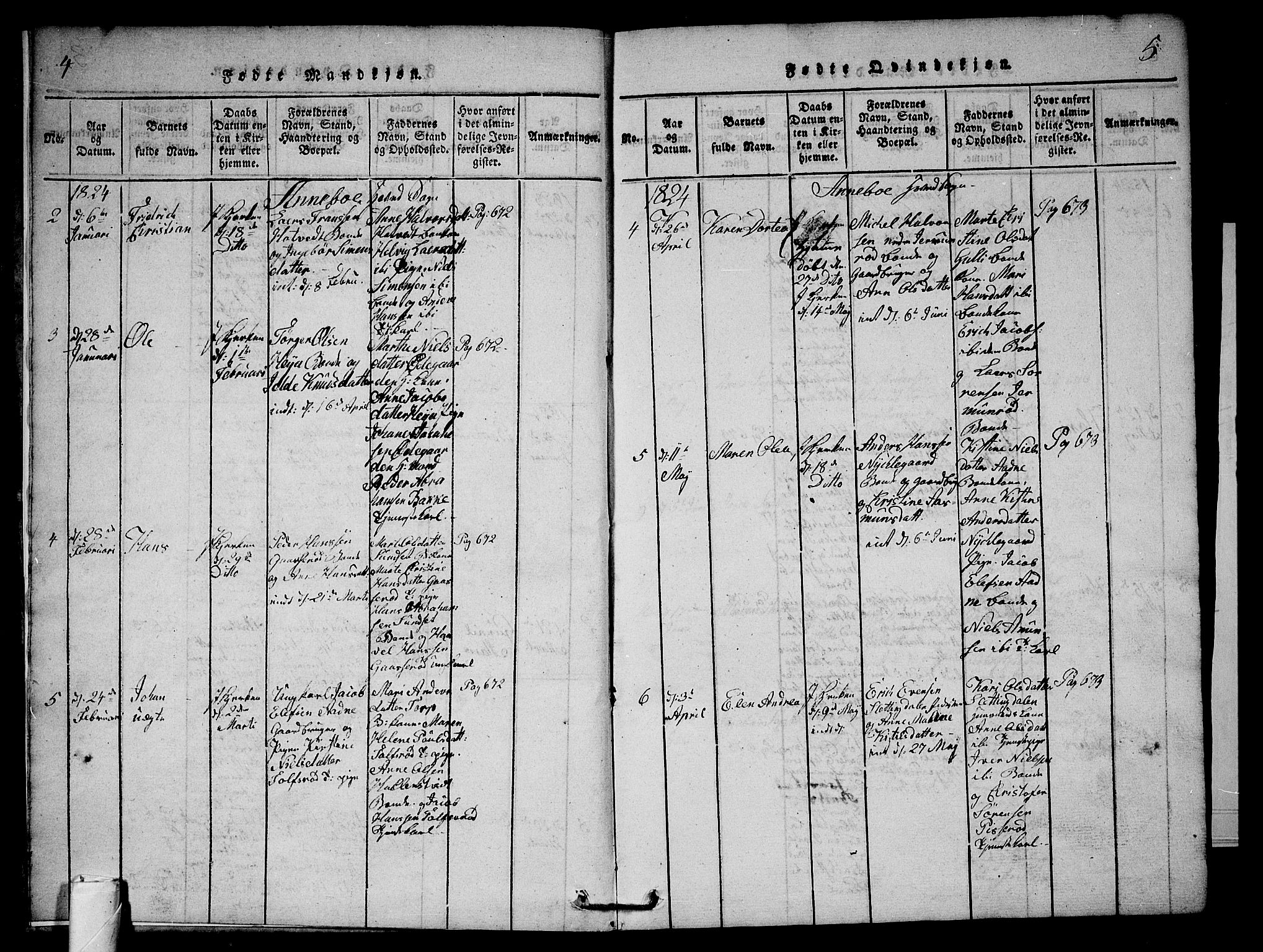 Andebu kirkebøker, AV/SAKO-A-336/G/Ga/L0002: Parish register (copy) no. I 2 /1, 1823-1832, p. 4-5