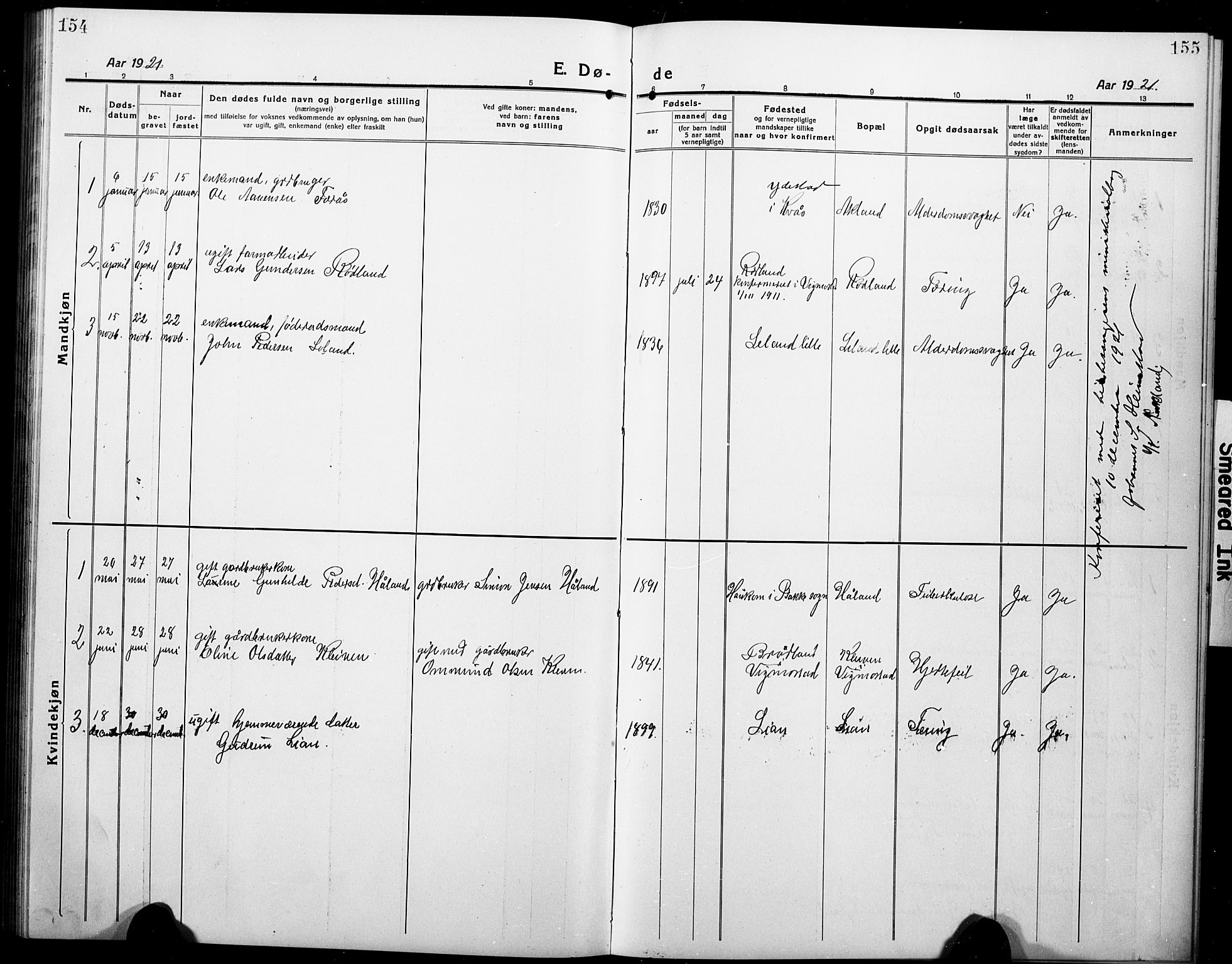 Nord-Audnedal sokneprestkontor, SAK/1111-0032/F/Fb/Fbb/L0005: Parish register (copy) no. B 5, 1918-1929, p. 154-155