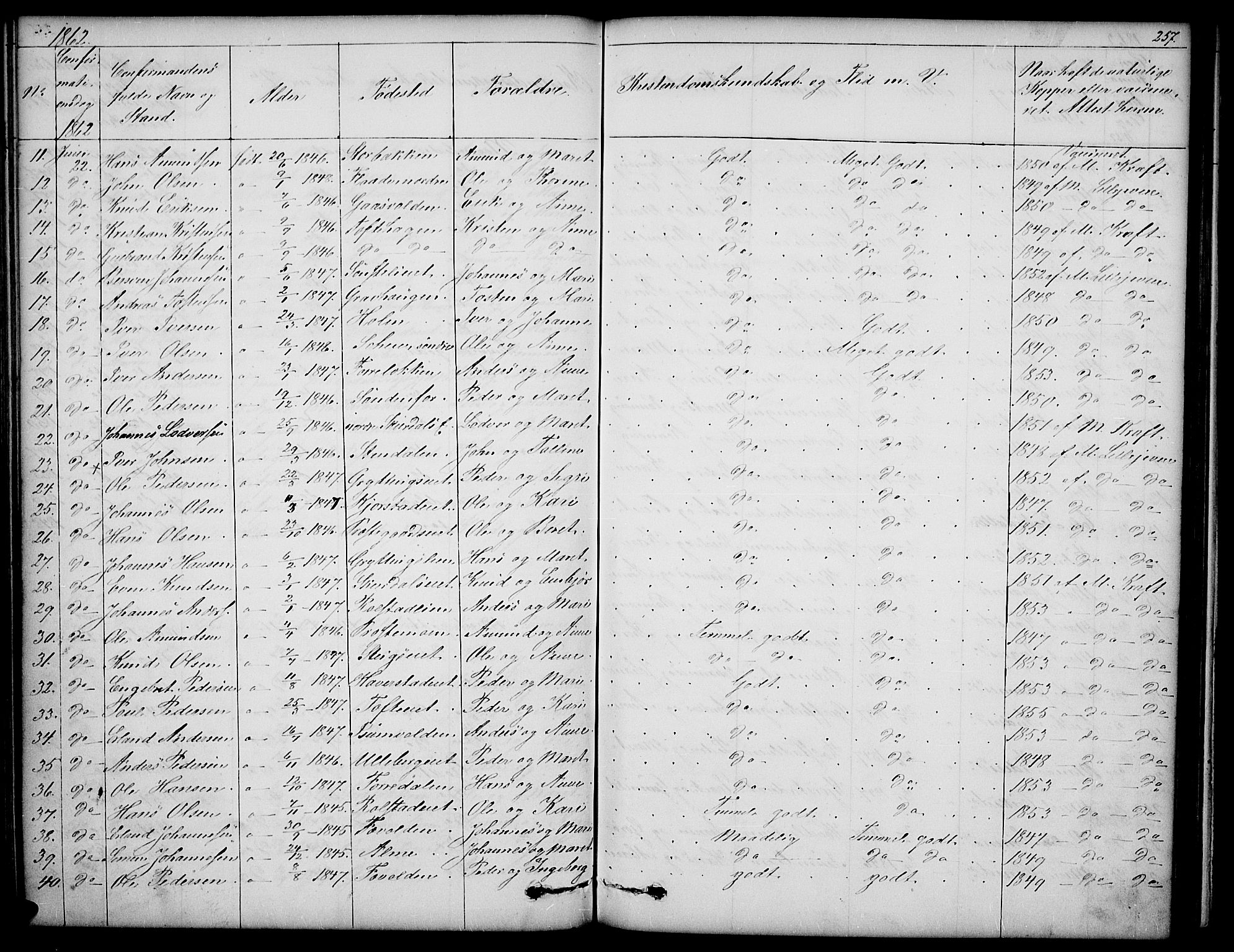 Sør-Fron prestekontor, SAH/PREST-010/H/Ha/Hab/L0001: Parish register (copy) no. 1, 1844-1863, p. 257