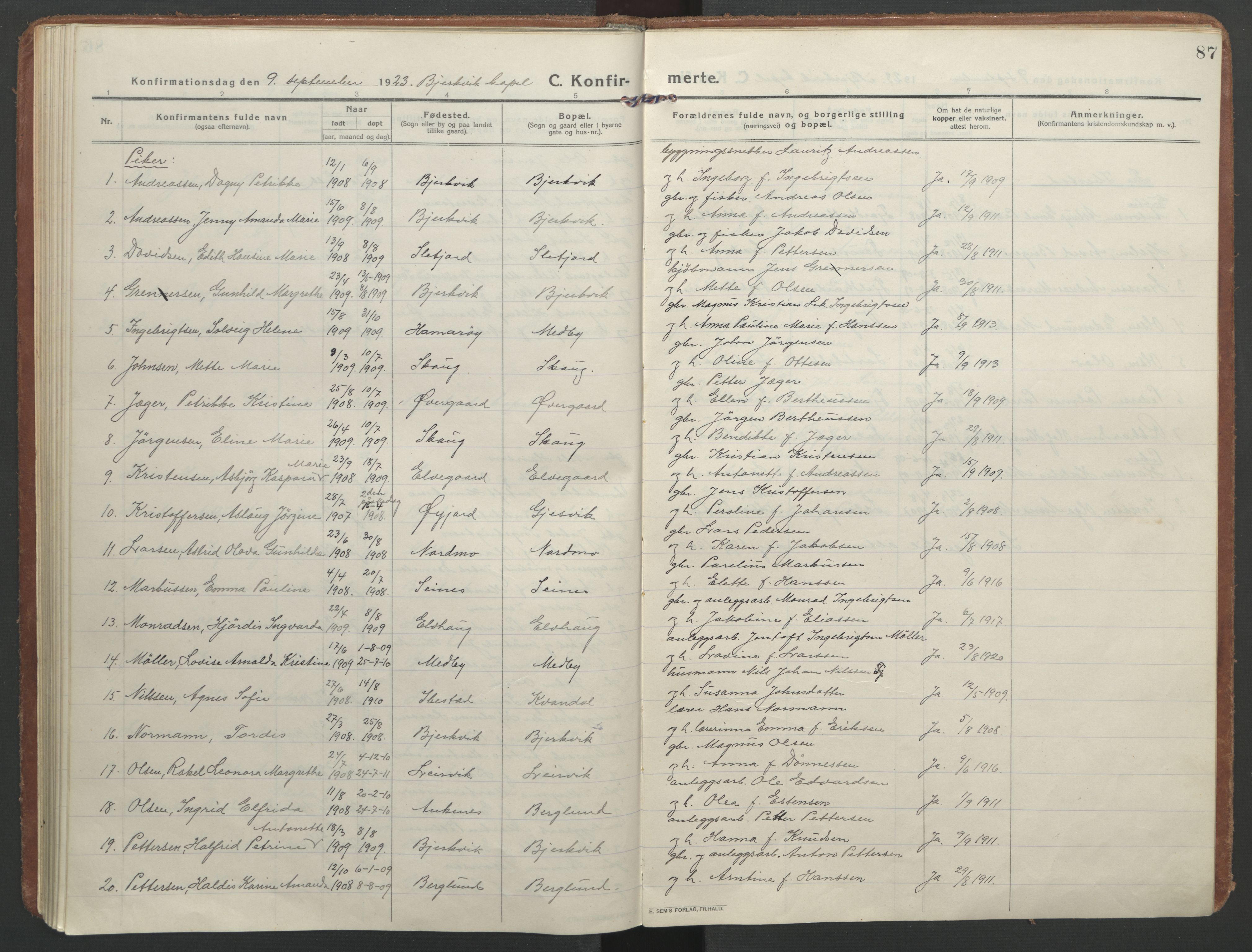 Ministerialprotokoller, klokkerbøker og fødselsregistre - Nordland, AV/SAT-A-1459/866/L0944: Parish register (official) no. 866A07, 1906-1926, p. 87