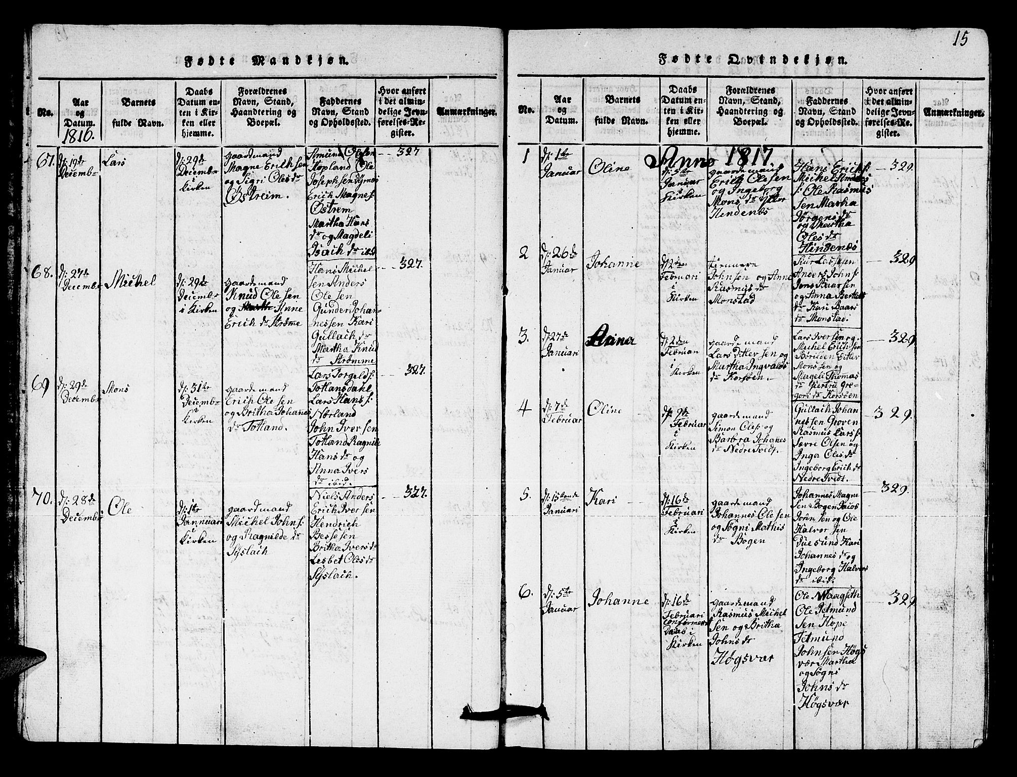 Lindås Sokneprestembete, SAB/A-76701/H/Hab: Parish register (copy) no. A 1, 1816-1823, p. 15