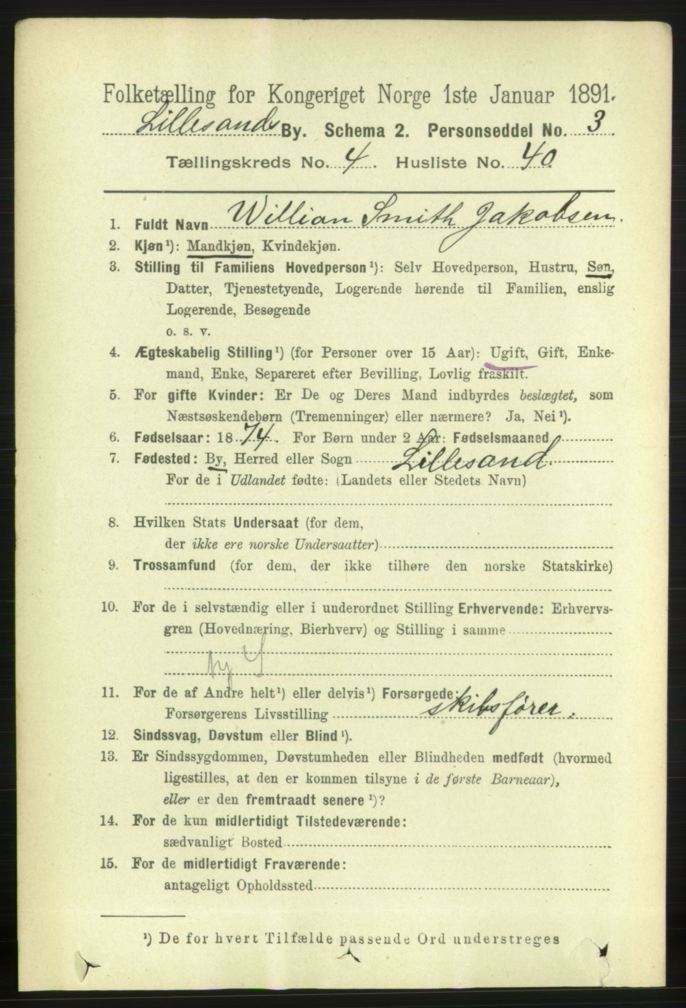 RA, 1891 census for 0905 Lillesand, 1891, p. 1377