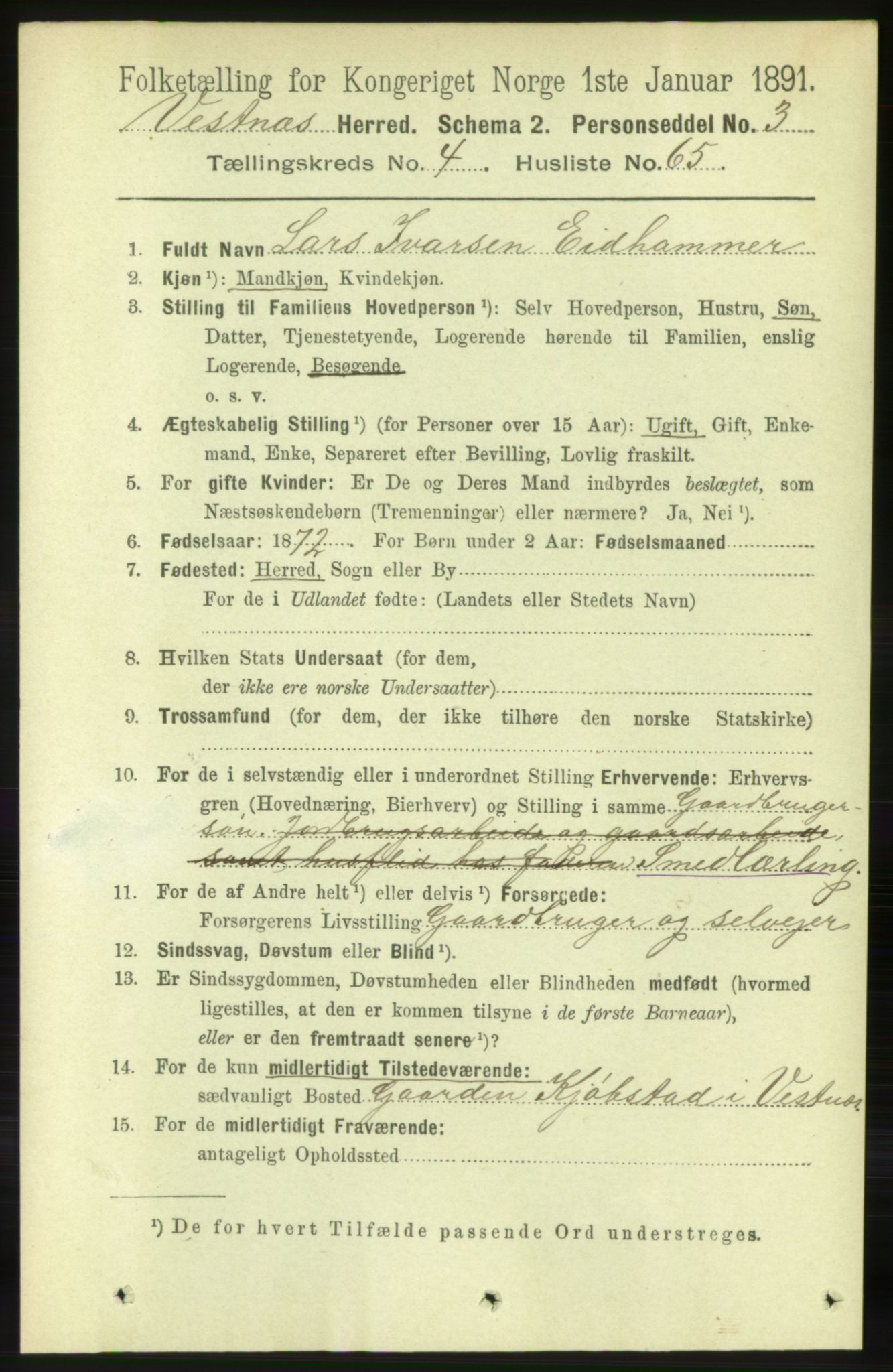 RA, 1891 census for 1535 Vestnes, 1891, p. 1659