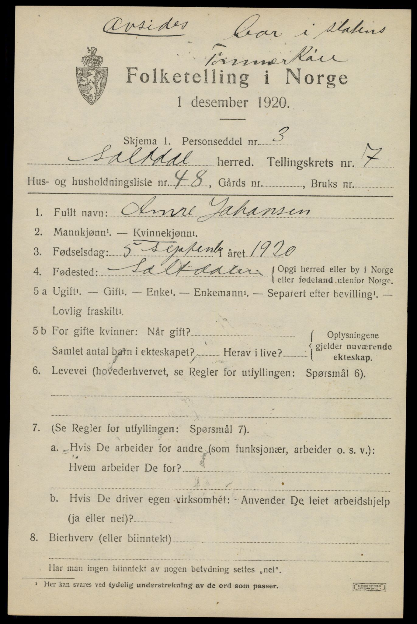 SAT, 1920 census for Saltdal, 1920, p. 8501