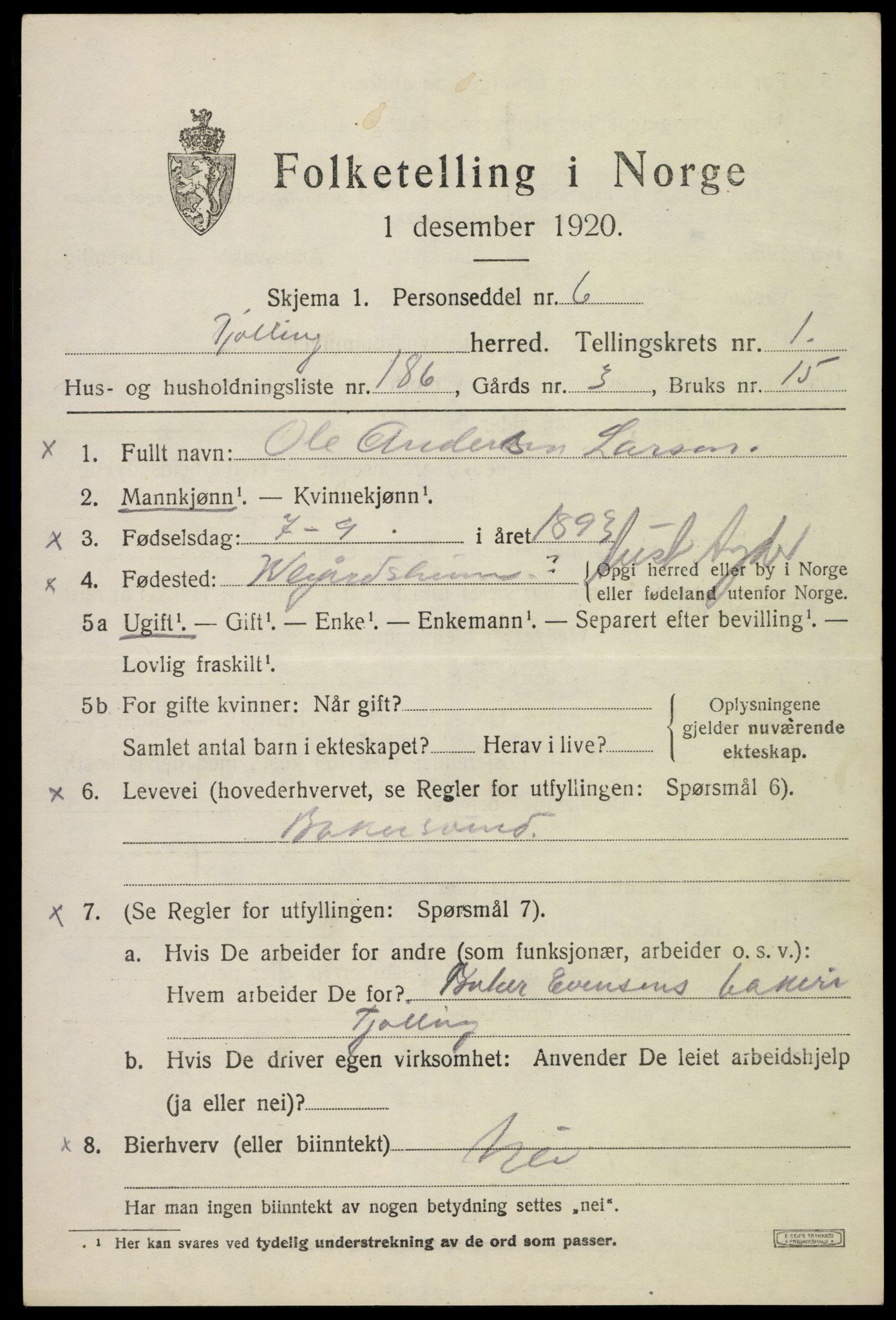 SAKO, 1920 census for Tjølling, 1920, p. 3689