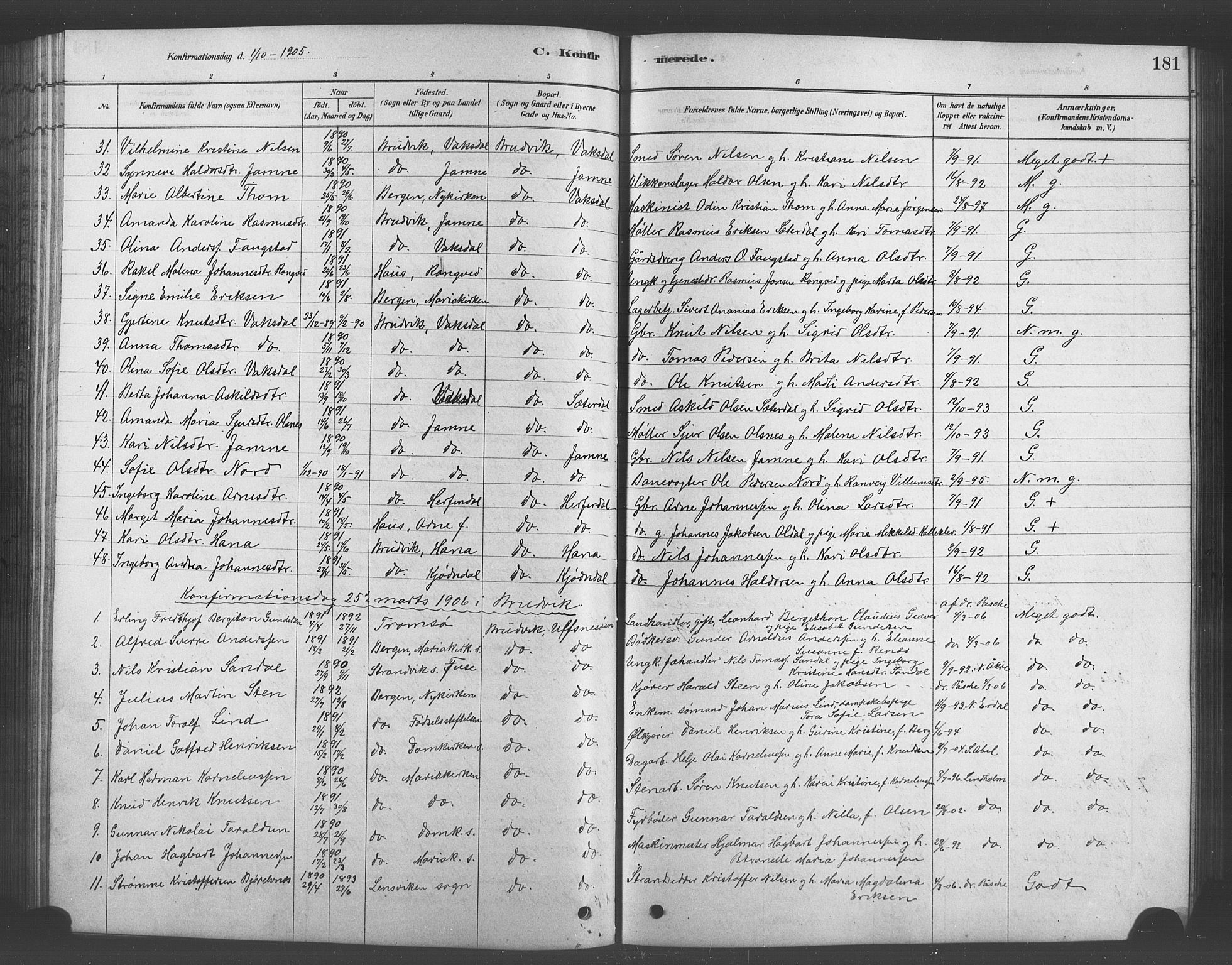 Bruvik Sokneprestembete, SAB/A-74701/H/Hab: Parish register (copy) no. A 1, 1878-1907, p. 181