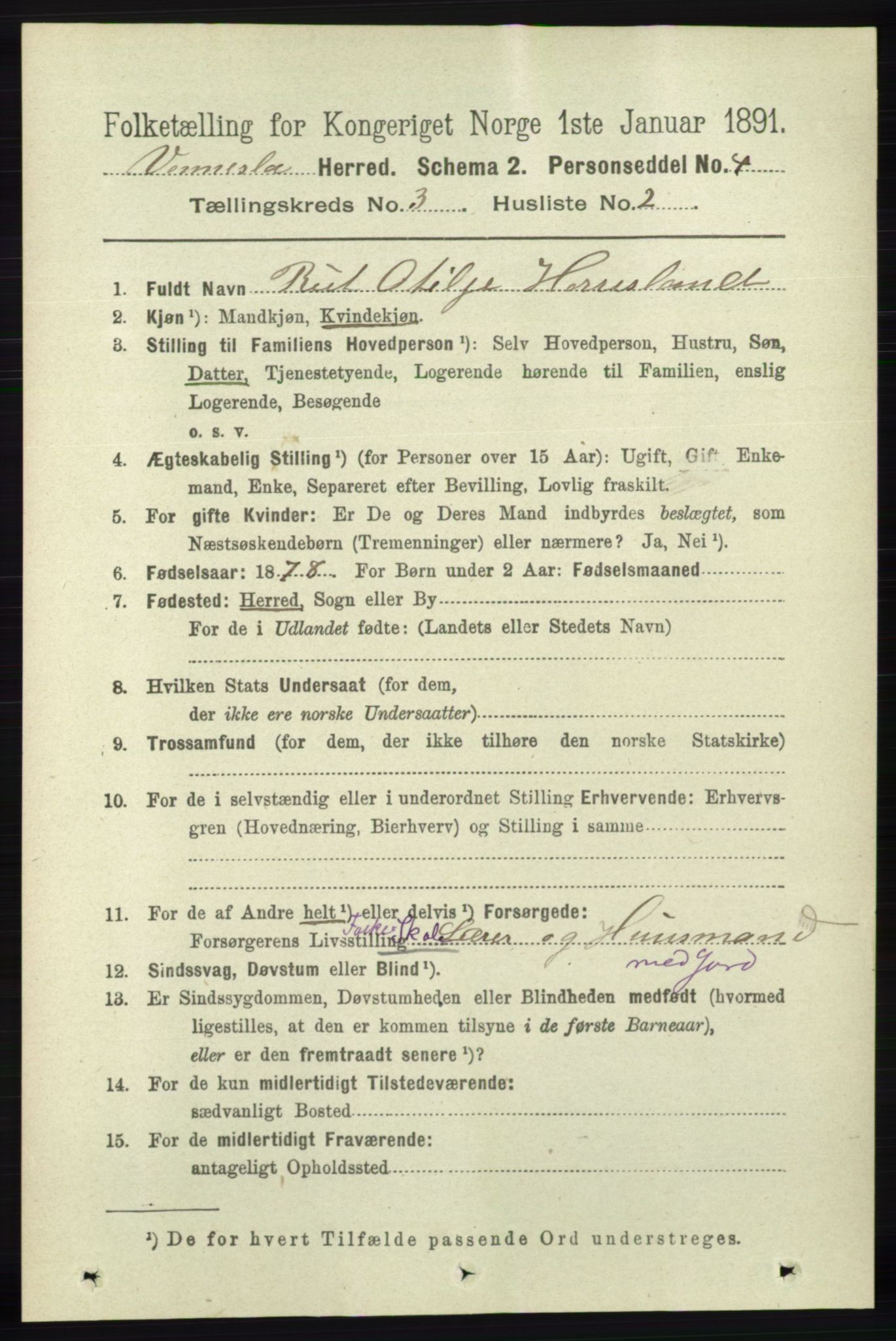 RA, 1891 census for 1014 Vennesla, 1891, p. 647