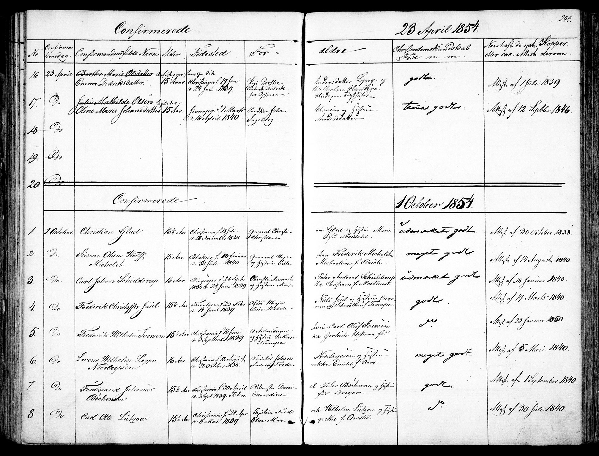 Garnisonsmenigheten Kirkebøker, AV/SAO-A-10846/F/Fa/L0008: Parish register (official) no. 8, 1842-1859, p. 243