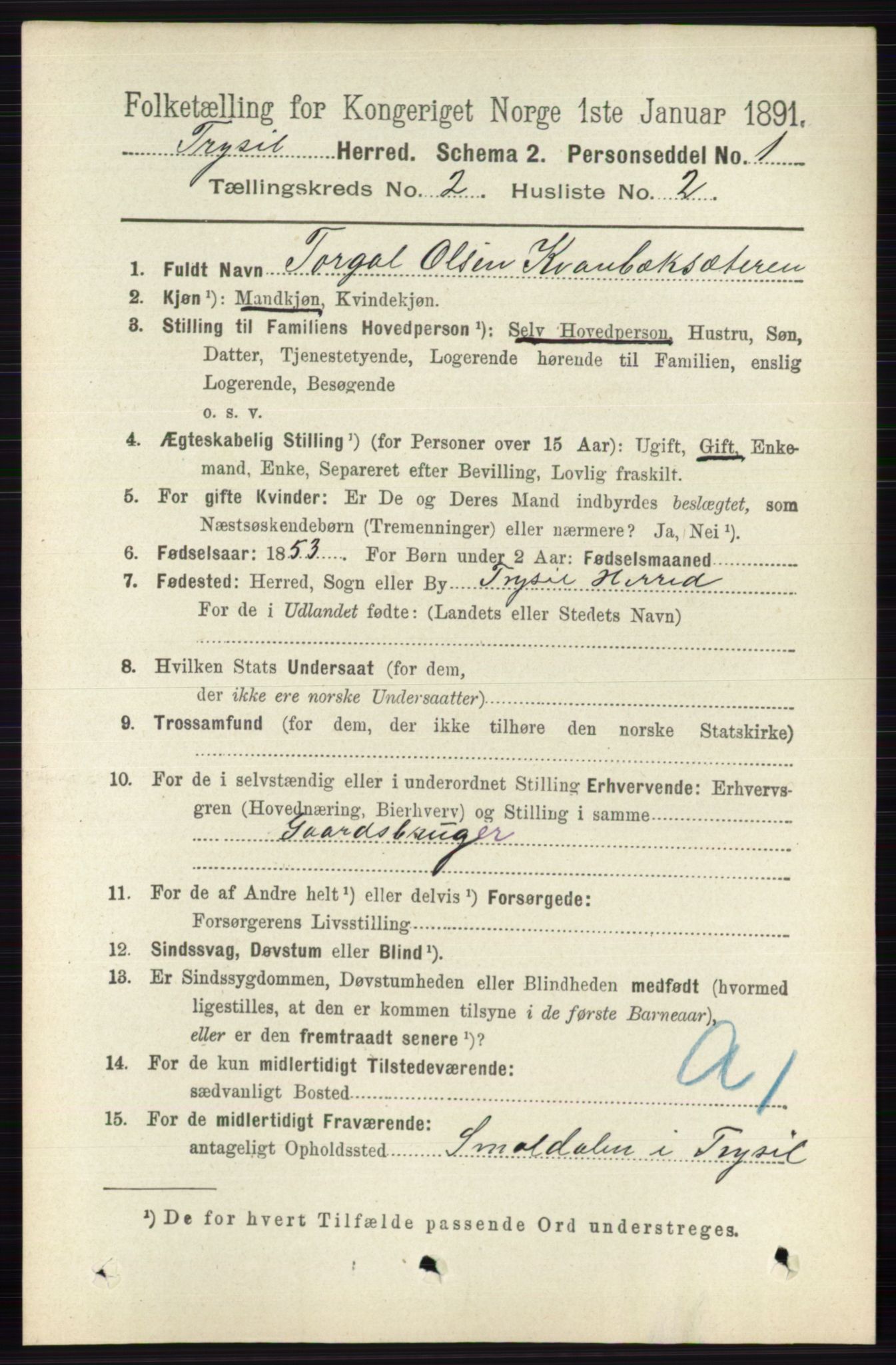 RA, 1891 census for 0428 Trysil, 1891, p. 733