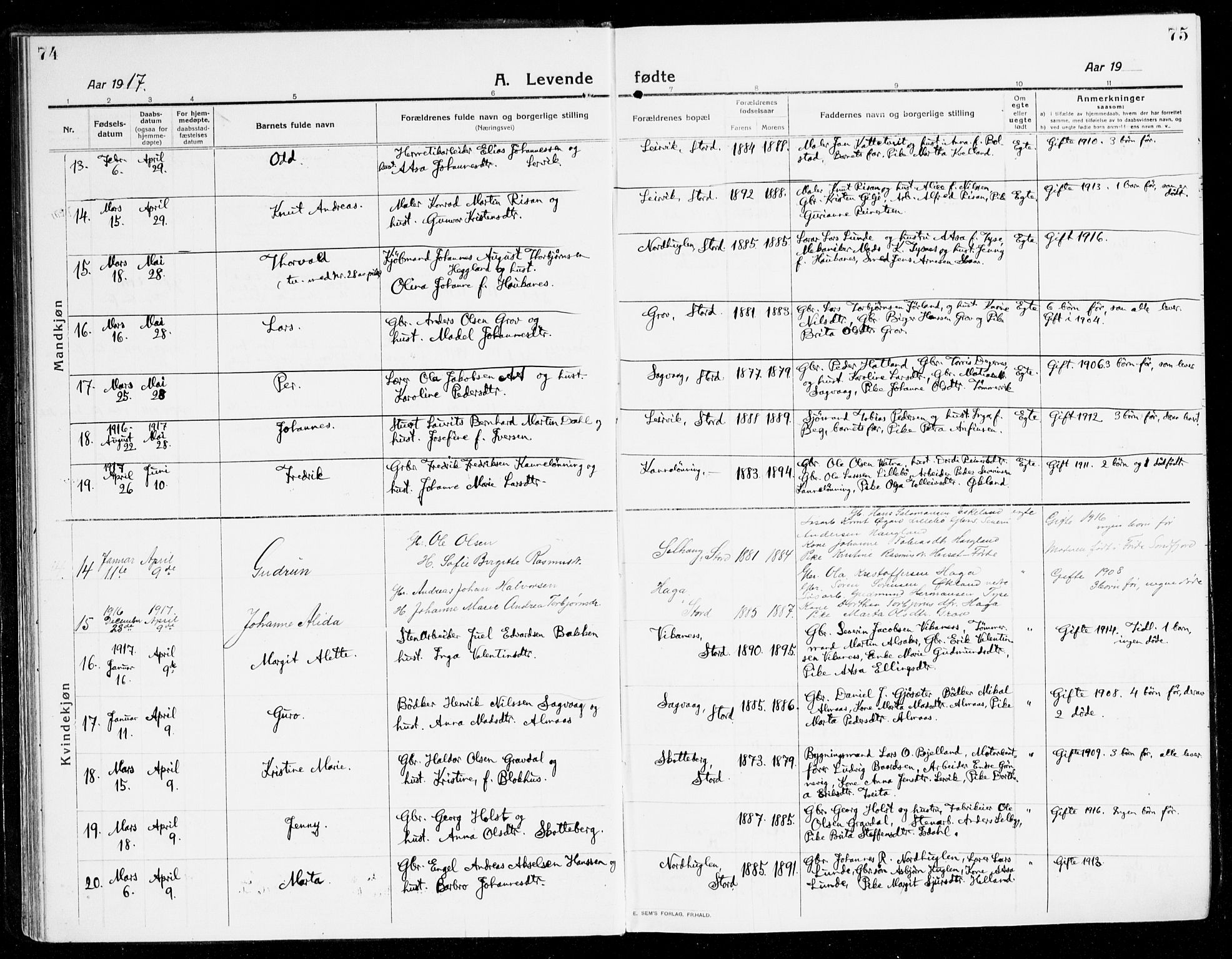 Stord sokneprestembete, AV/SAB-A-78201/H/Haa: Parish register (official) no. B 3, 1913-1925, p. 74-75