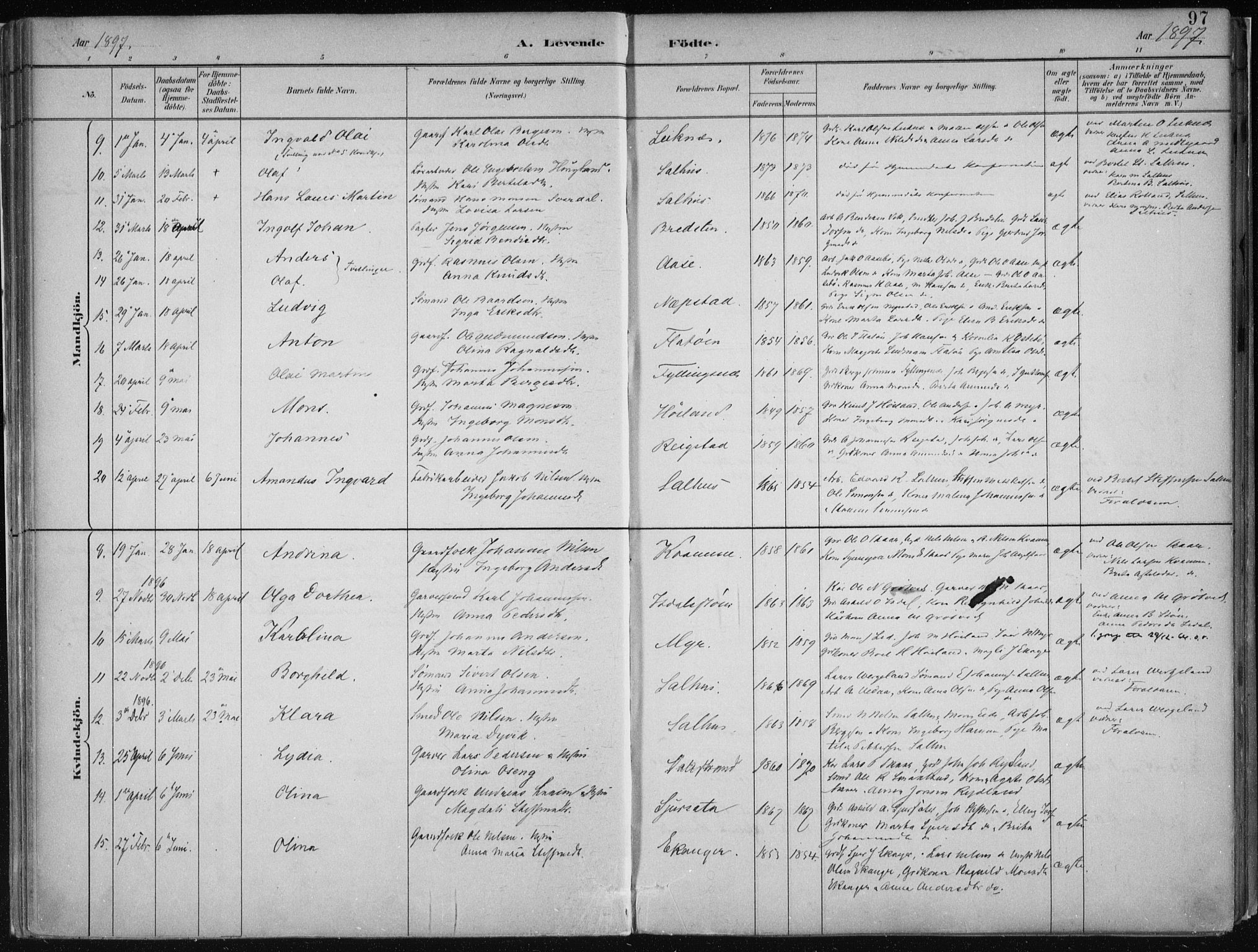 Hamre sokneprestembete, AV/SAB-A-75501/H/Ha/Haa/Haab/L0001: Parish register (official) no. B  1, 1882-1905, p. 97