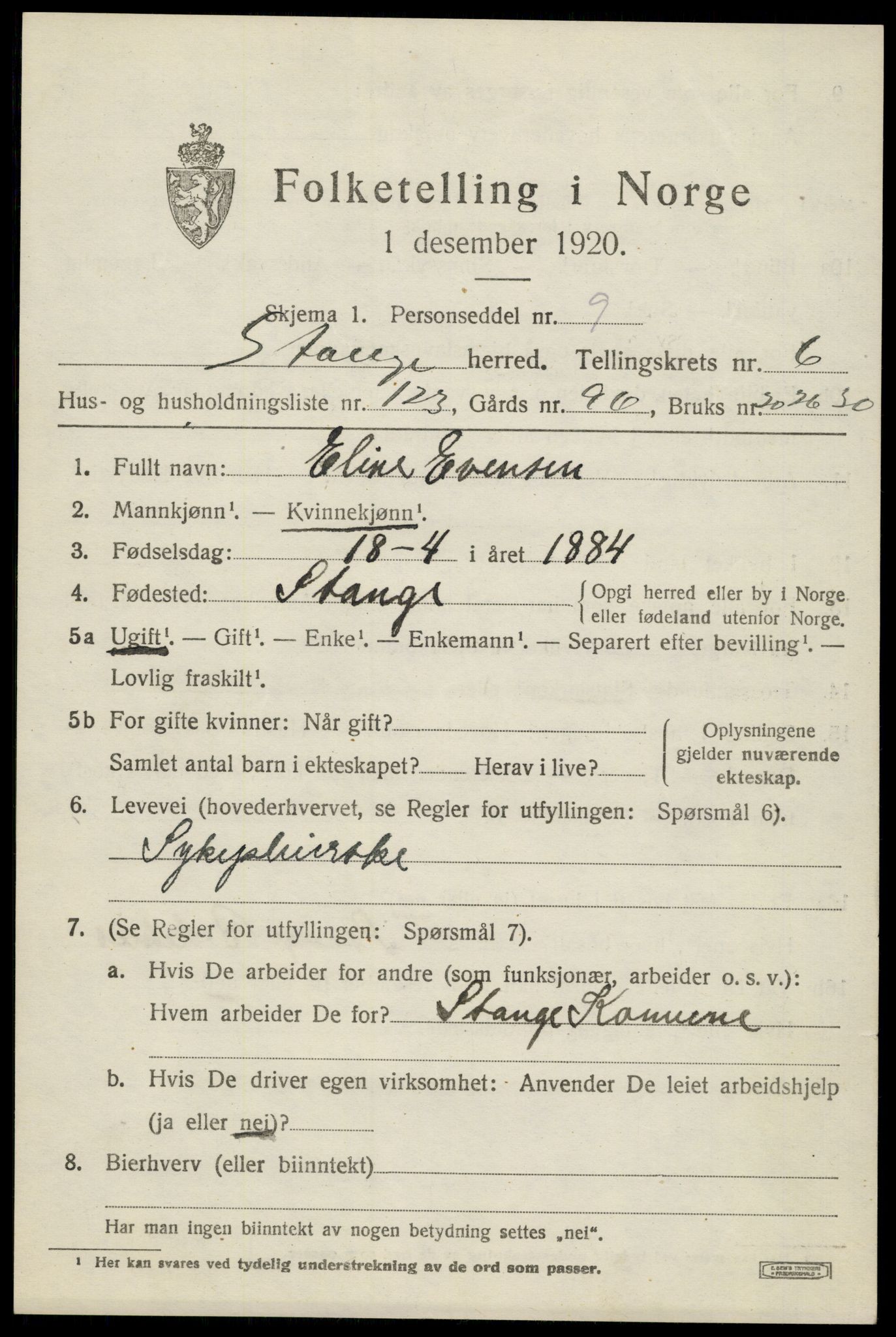 SAH, 1920 census for Stange, 1920, p. 12223