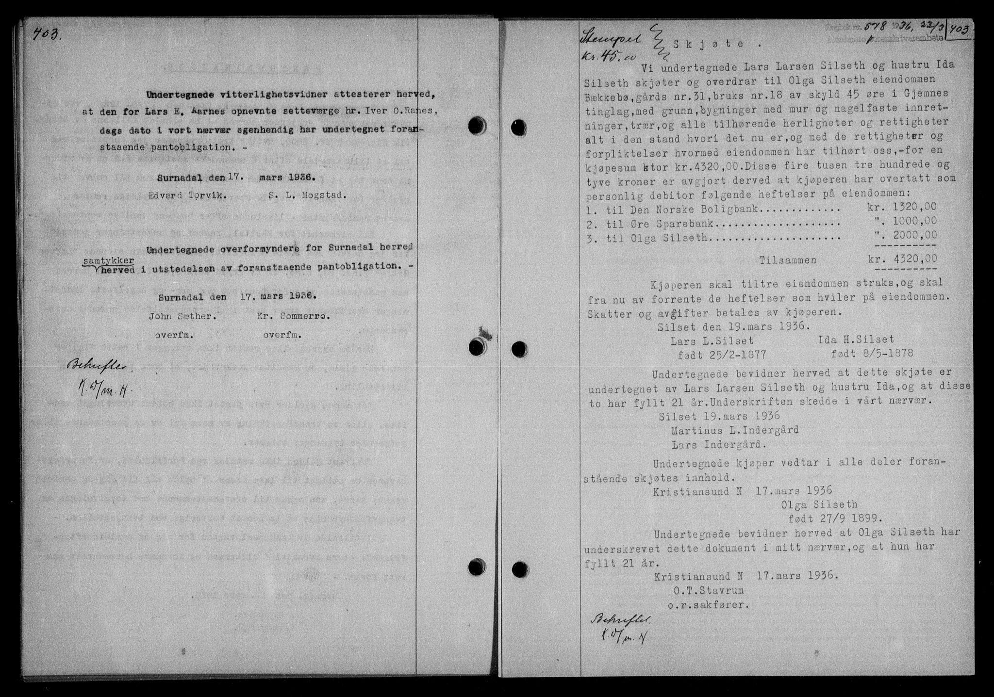 Nordmøre sorenskriveri, AV/SAT-A-4132/1/2/2Ca/L0087: Mortgage book no. 77, 1935-1936, Deed date: 23.03.1936