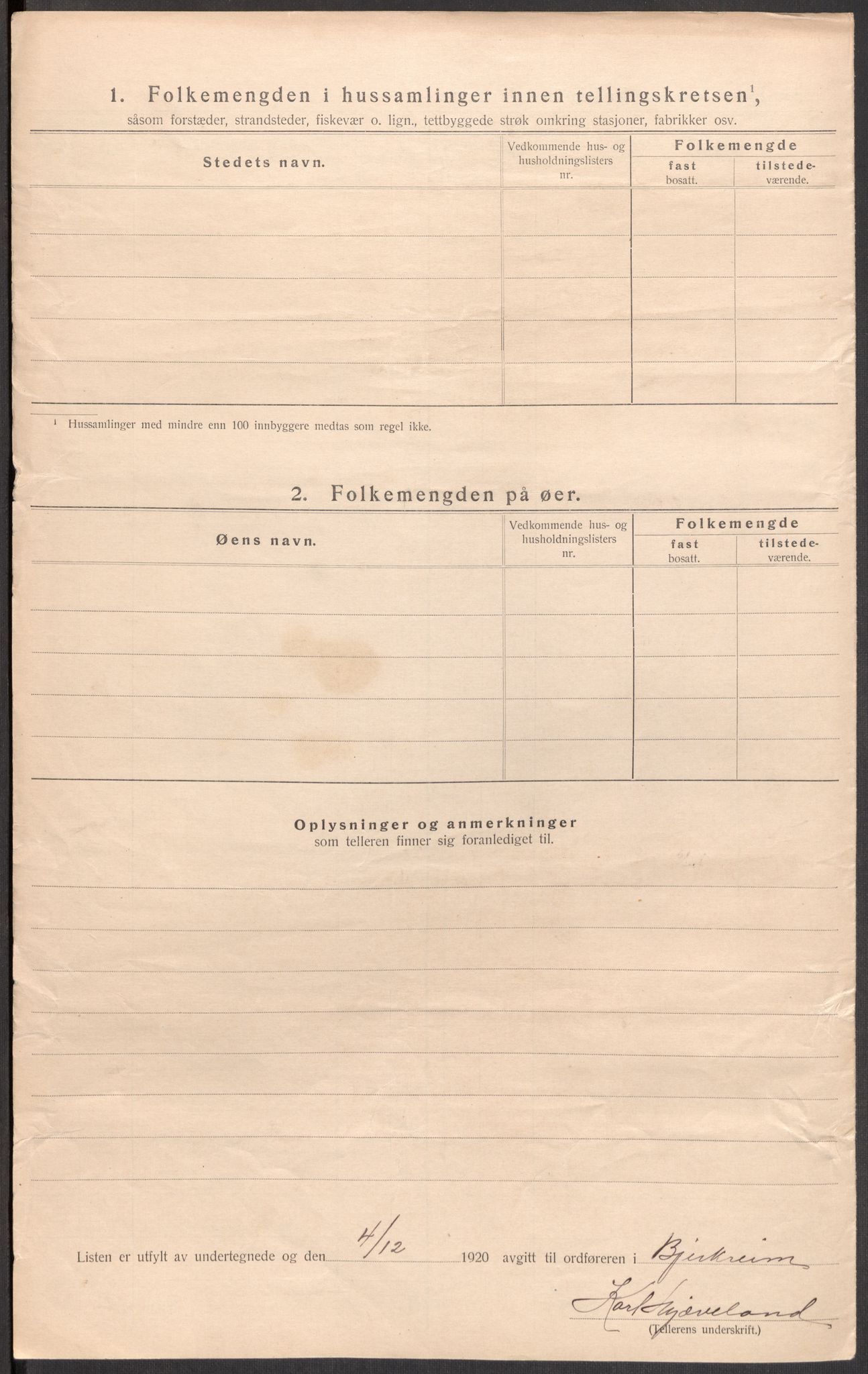 SAST, 1920 census for Bjerkreim, 1920, p. 30