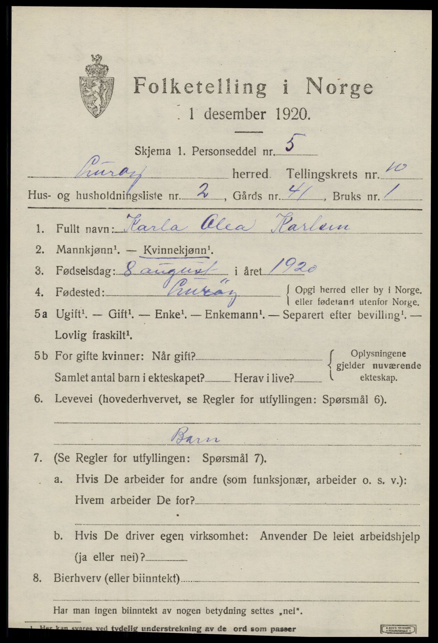 SAT, 1920 census for Lurøy, 1920, p. 4441