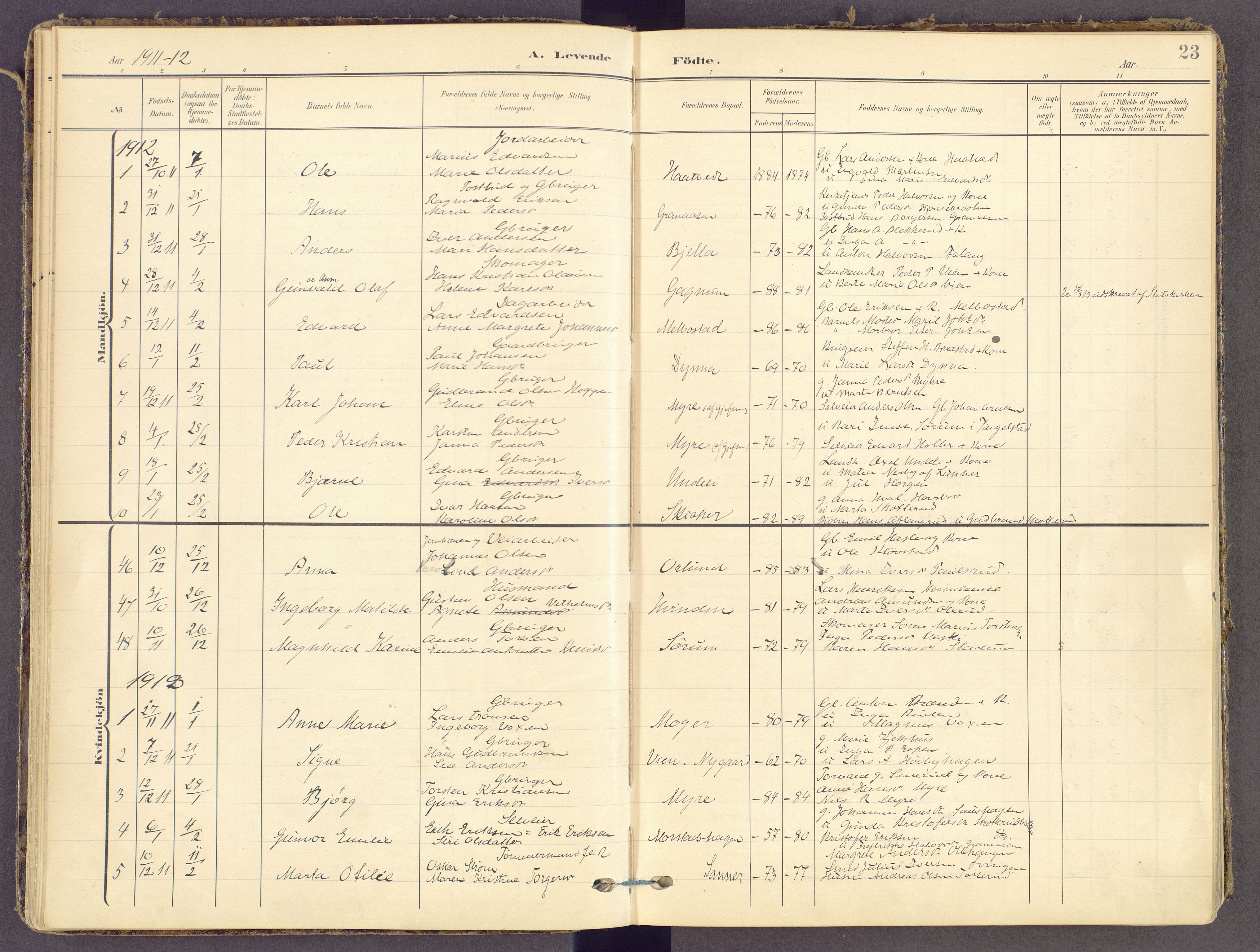 Gran prestekontor, SAH/PREST-112/H/Ha/Haa/L0021: Parish register (official) no. 21, 1908-1932, p. 23