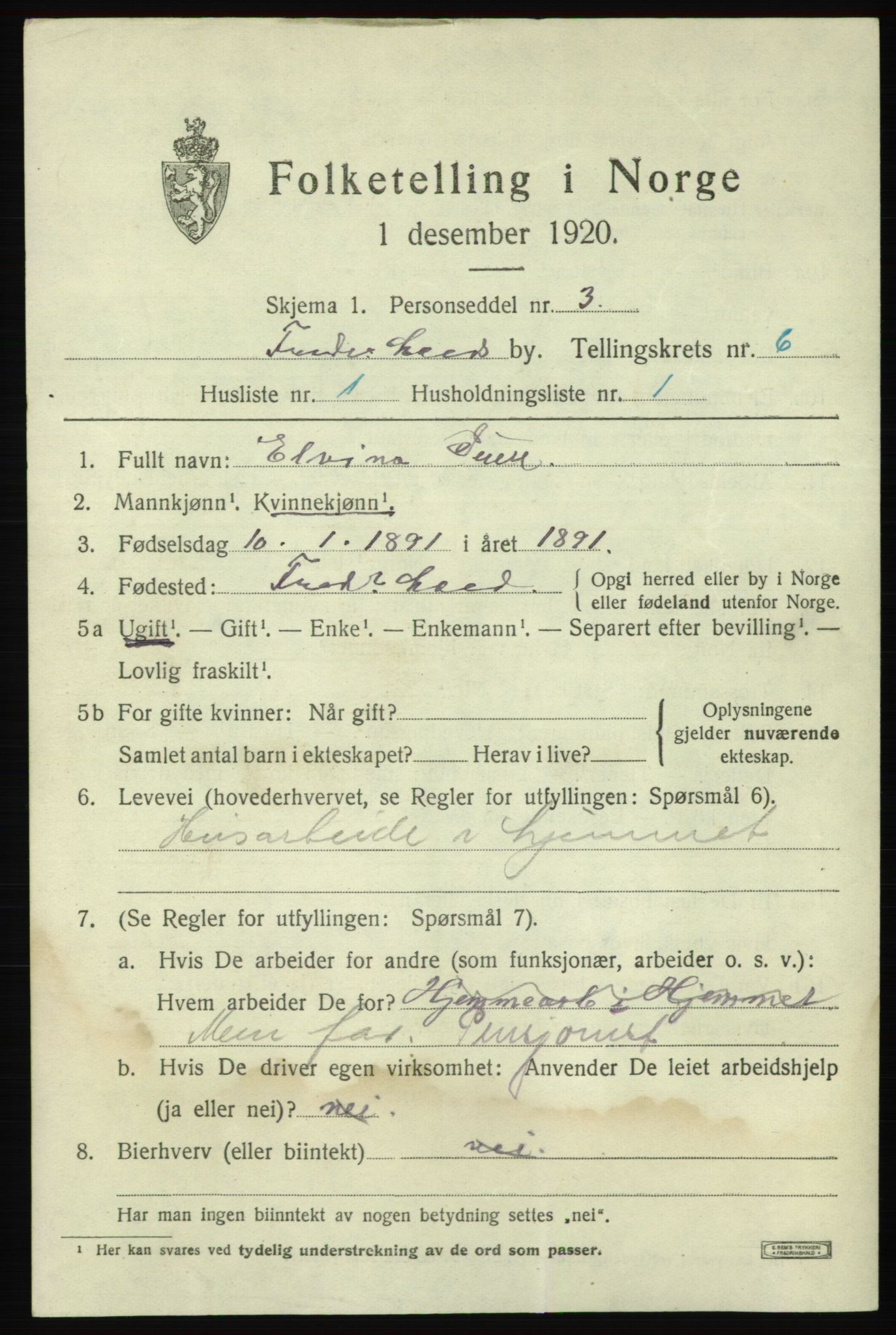 SAO, 1920 census for Fredrikshald, 1920, p. 12816