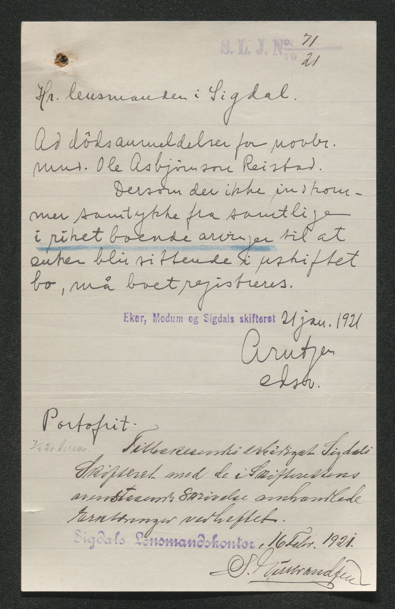 Eiker, Modum og Sigdal sorenskriveri, AV/SAKO-A-123/H/Ha/Hab/L0040: Dødsfallsmeldinger, 1920-1921, p. 531