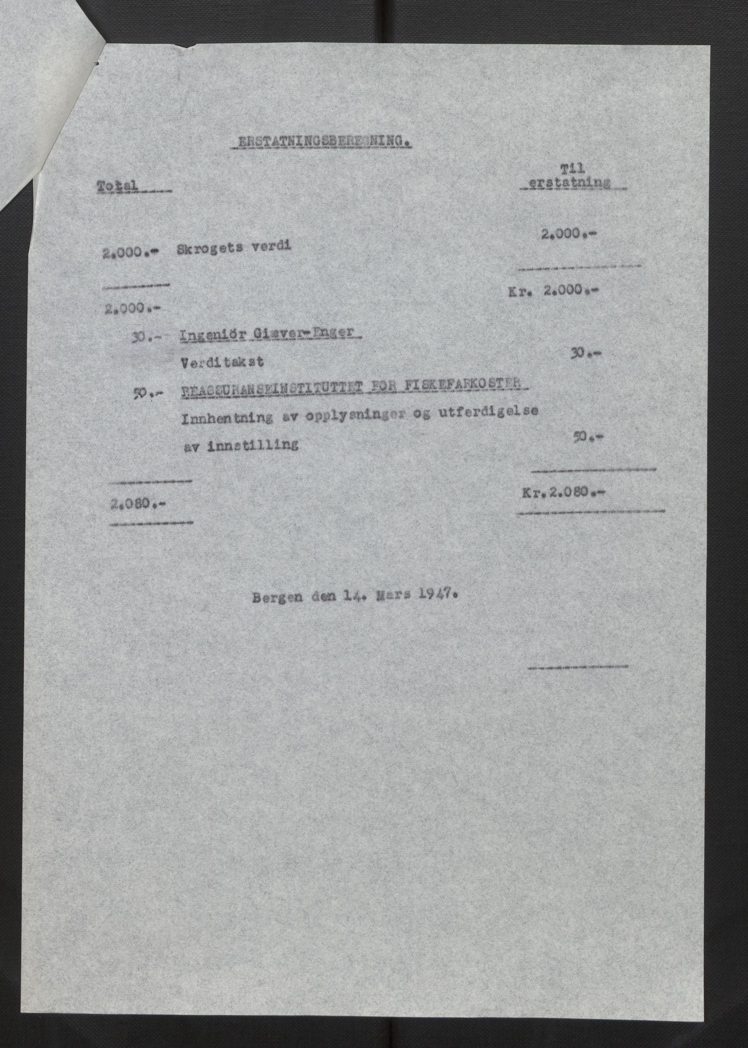 Fiskeridirektoratet - 1 Adm. ledelse - 13 Båtkontoret, SAB/A-2003/La/L0033: Statens krigsforsikring for fiskeflåten, 1936-1971, p. 3