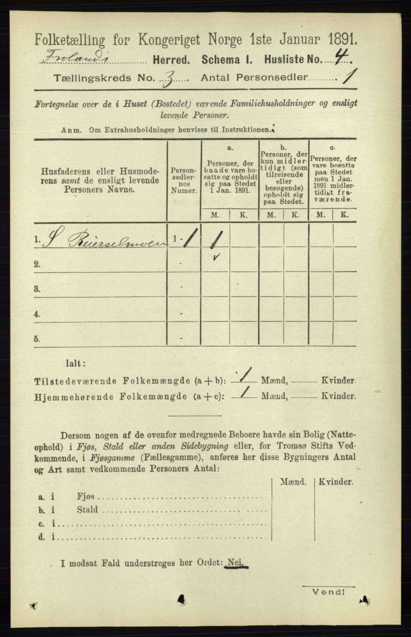 RA, 1891 census for 0919 Froland, 1891, p. 962