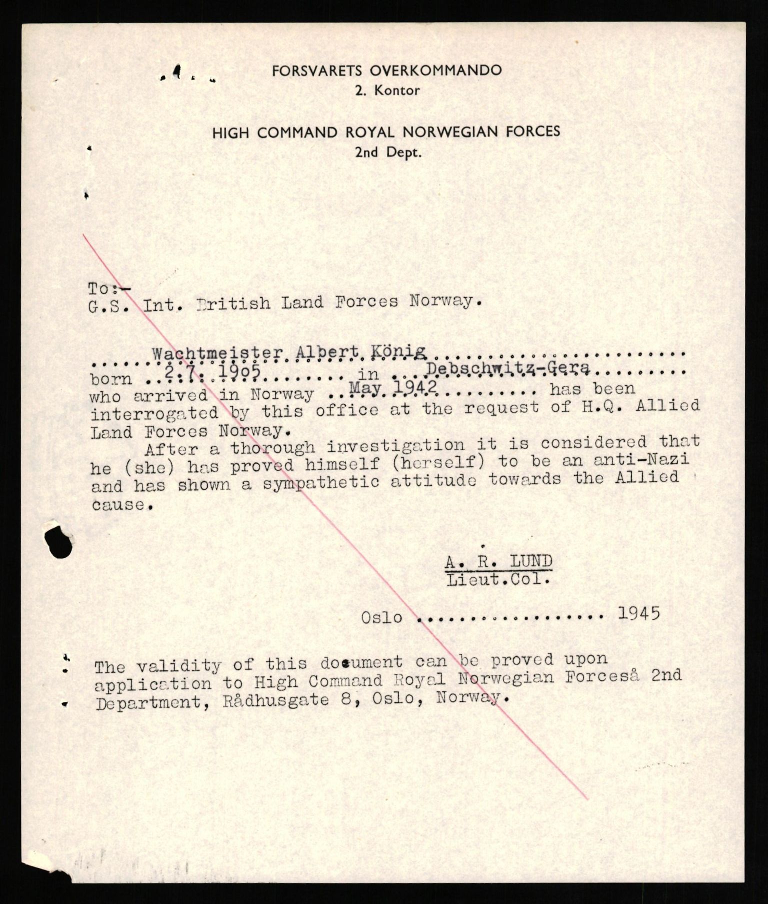Forsvaret, Forsvarets overkommando II, RA/RAFA-3915/D/Db/L0019: CI Questionaires. Tyske okkupasjonsstyrker i Norge. Tyskere., 1945-1946, p. 282