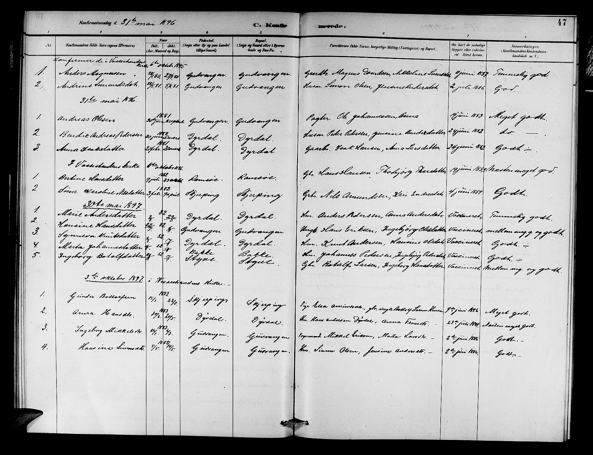 Aurland sokneprestembete, SAB/A-99937/H/Hb/Hbc/L0002: Parish register (copy) no. C 2, 1883-1900, p. 47