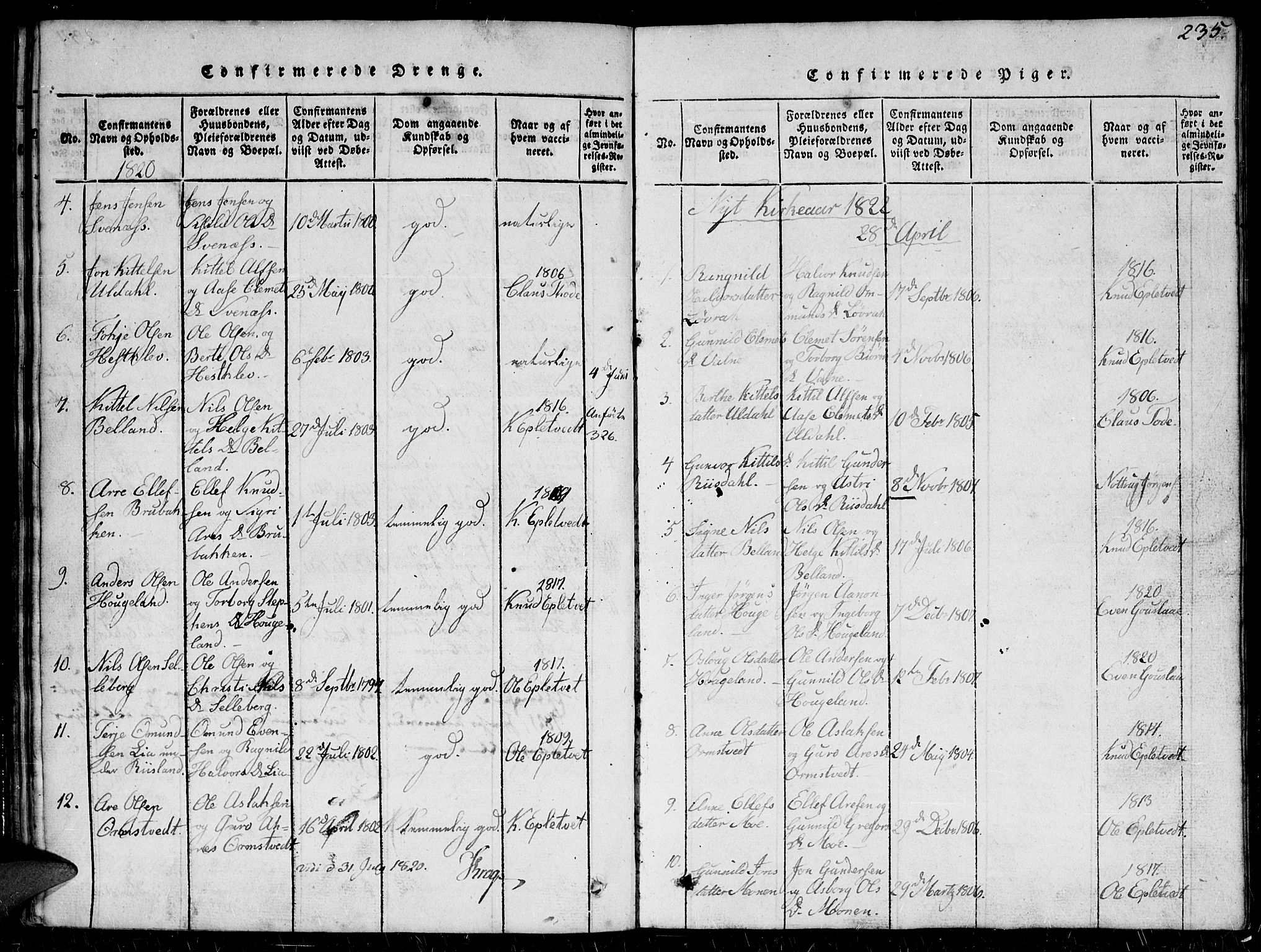 Herefoss sokneprestkontor, AV/SAK-1111-0019/F/Fb/Fbc/L0001: Parish register (copy) no. B 1, 1816-1866, p. 235