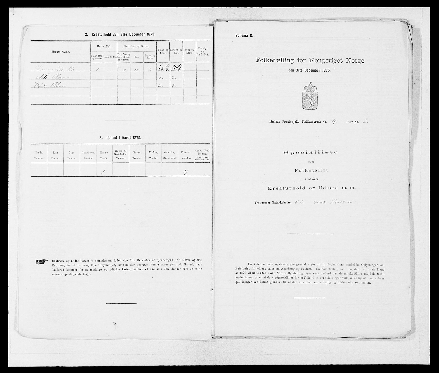 SAB, 1875 census for 1263P Lindås, 1875, p. 292