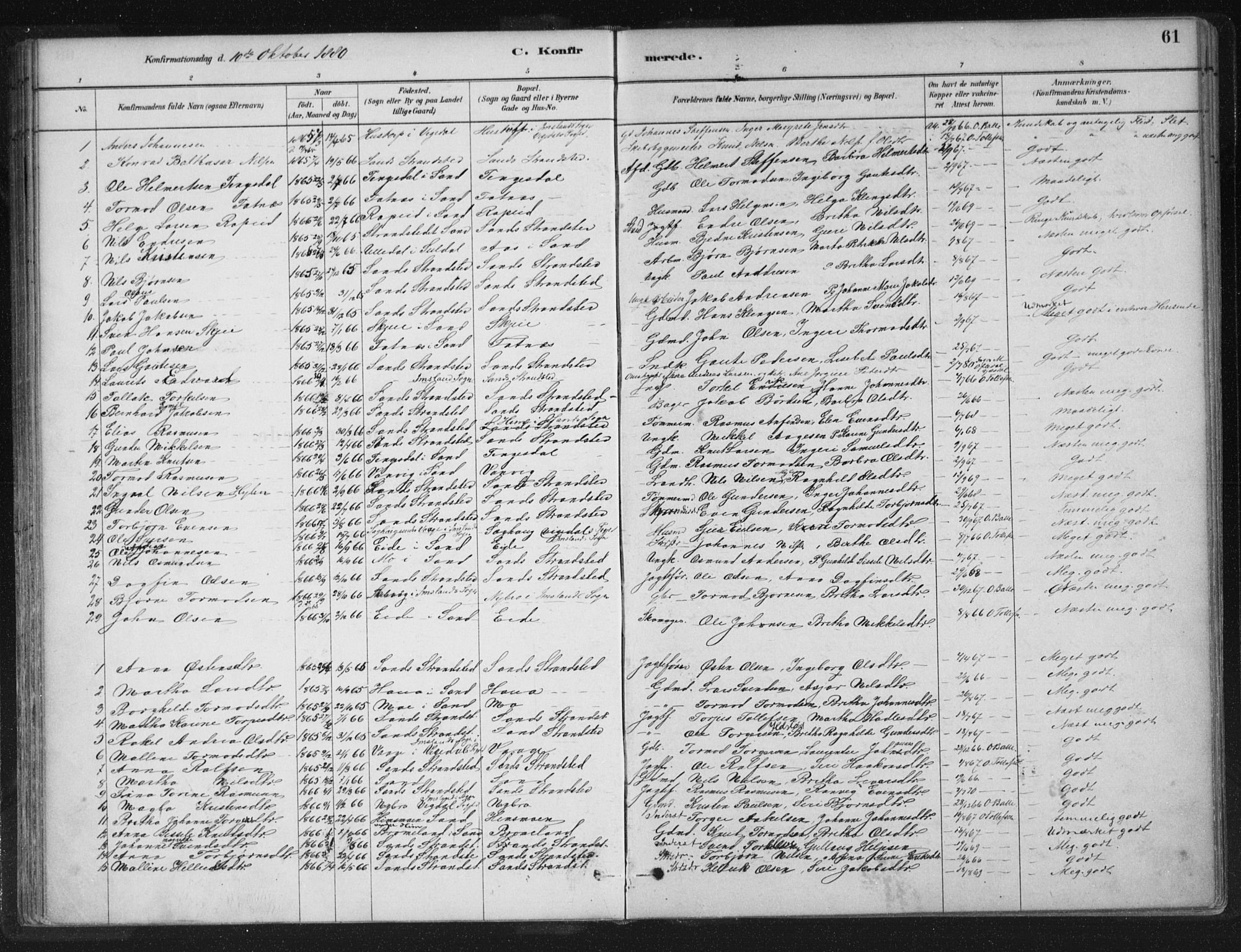 Sand sokneprestkontor, AV/SAST-A-101848/01/III/L0005: Parish register (official) no. A 5, 1880-1898, p. 61