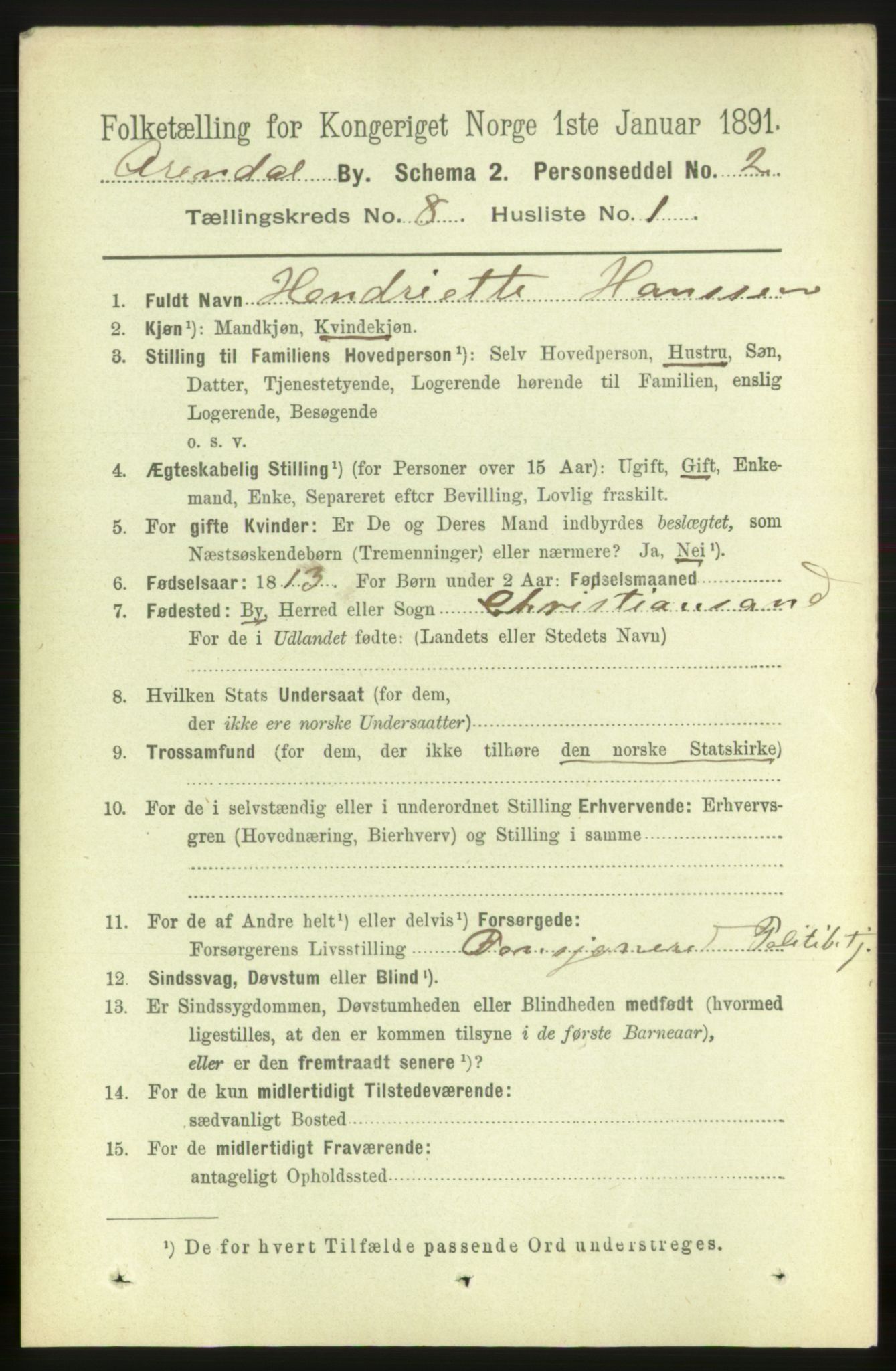 RA, 1891 census for 0903 Arendal, 1891, p. 2847