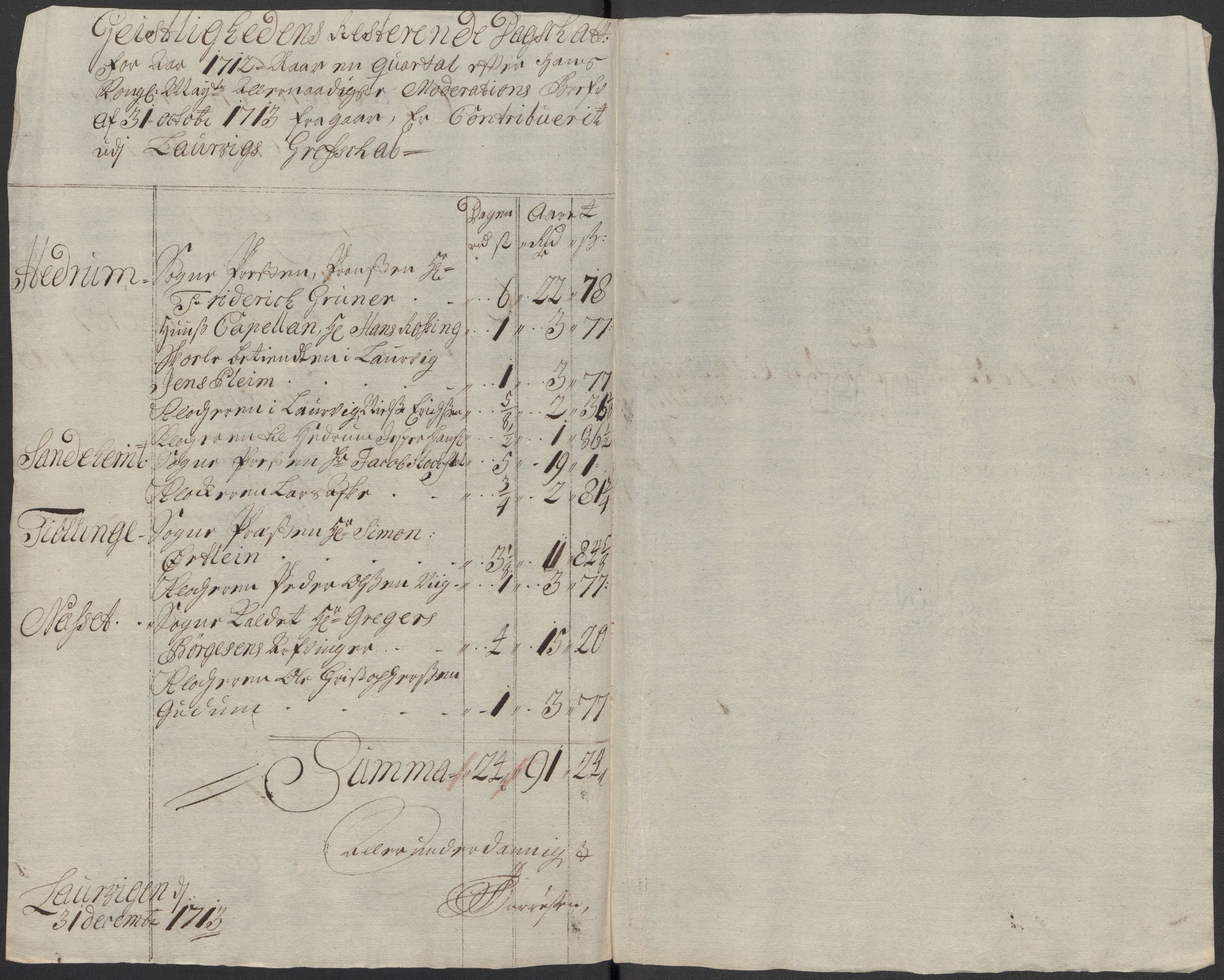 Rentekammeret inntil 1814, Reviderte regnskaper, Fogderegnskap, AV/RA-EA-4092/R33/L1985: Fogderegnskap Larvik grevskap, 1713, p. 199