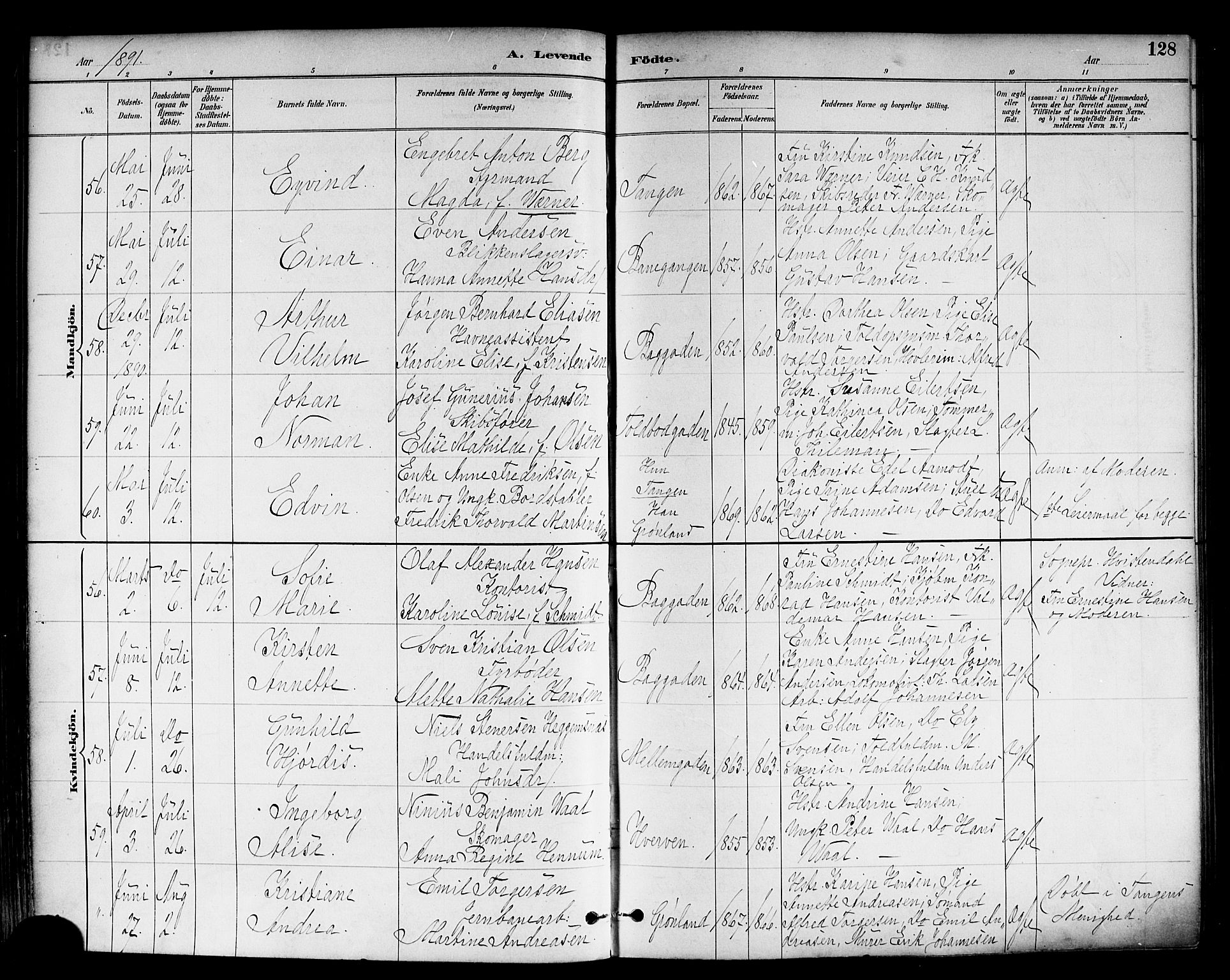 Strømsø kirkebøker, SAKO/A-246/F/Fa/L0023: Parish register (official) no. I 23, 1885-1894, p. 128