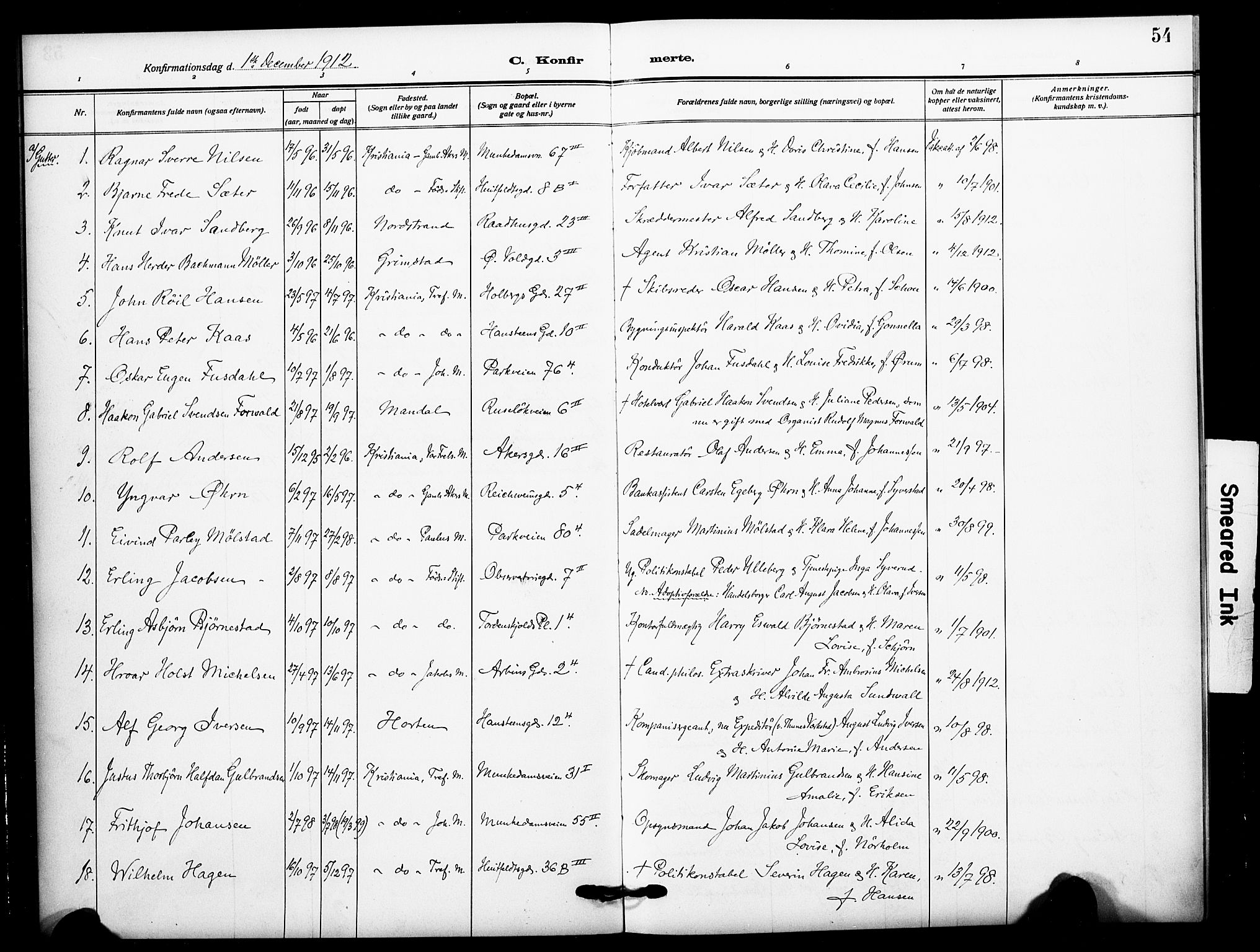 Johannes prestekontor Kirkebøker, AV/SAO-A-10852/F/Fa/L0011: Parish register (official) no. 11, 1908-1921, p. 54