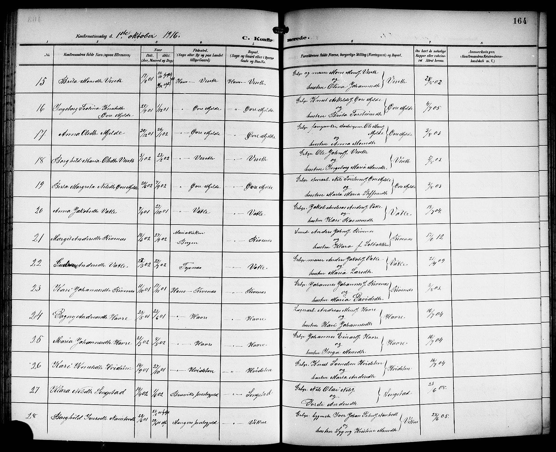 Haus sokneprestembete, SAB/A-75601/H/Hab: Parish register (copy) no. B 4, 1900-1921, p. 164