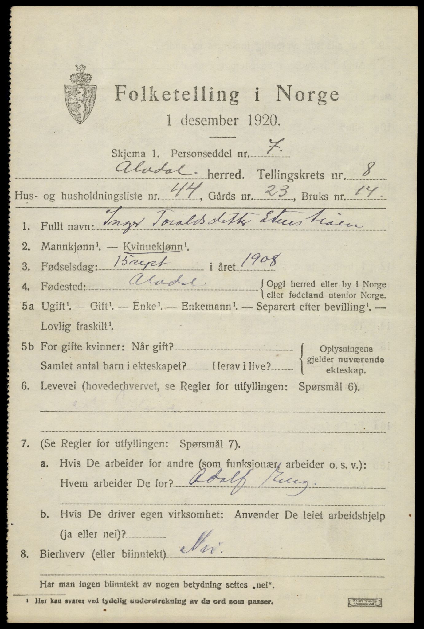 SAH, 1920 census for Alvdal, 1920, p. 4908