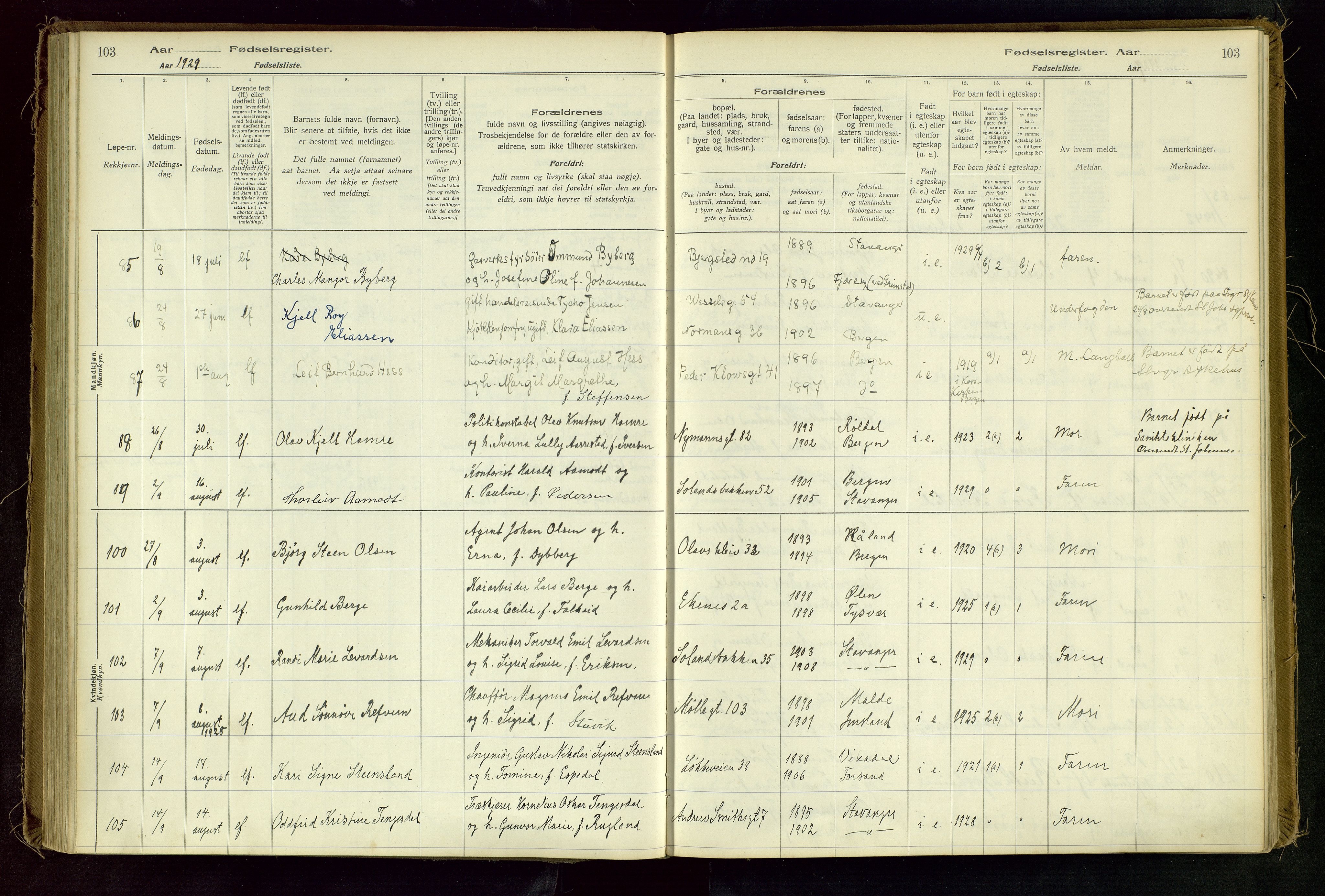 Domkirken sokneprestkontor, AV/SAST-A-101812/002/A/L0001: Birth register no. 1, 1925-1932, p. 103