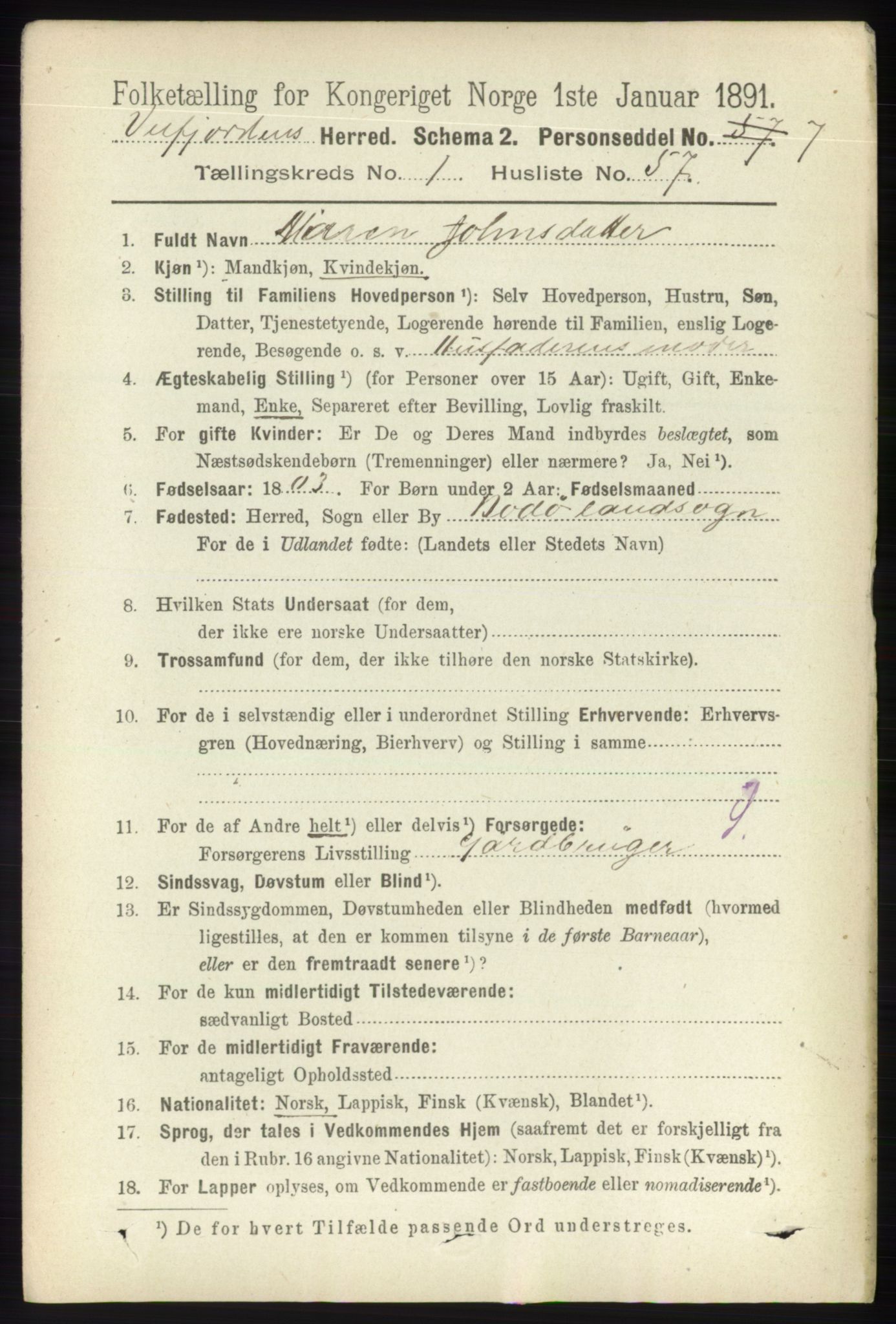 RA, 1891 census for 1813 Velfjord, 1891, p. 475