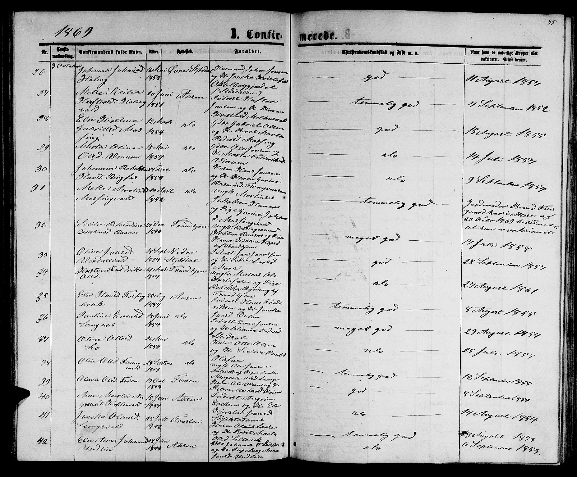 Ministerialprotokoller, klokkerbøker og fødselsregistre - Nord-Trøndelag, SAT/A-1458/714/L0133: Parish register (copy) no. 714C02, 1865-1877, p. 85