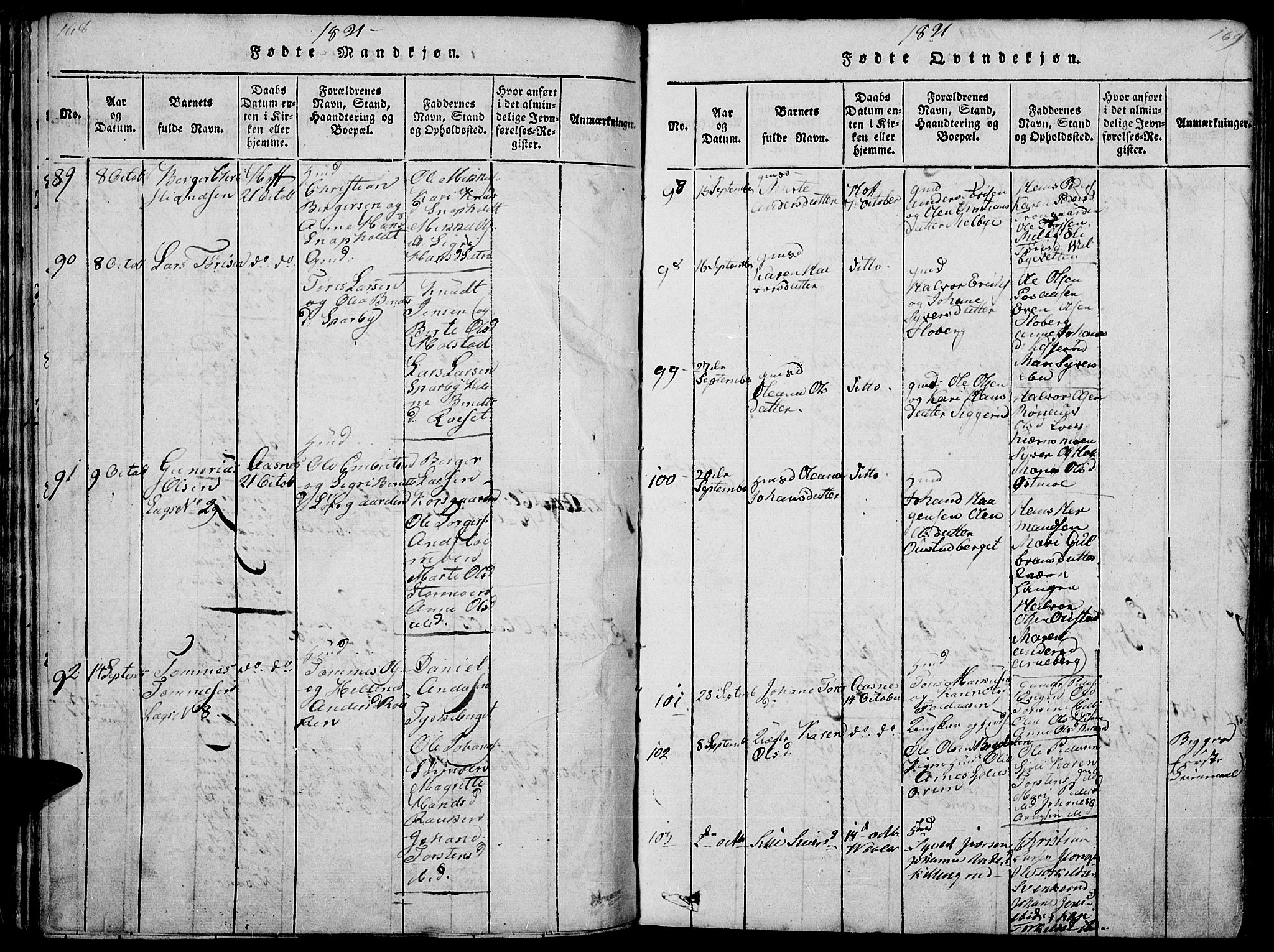 Hof prestekontor, SAH/PREST-038/H/Ha/Haa/L0005: Parish register (official) no. 5, 1816-1822, p. 168-169