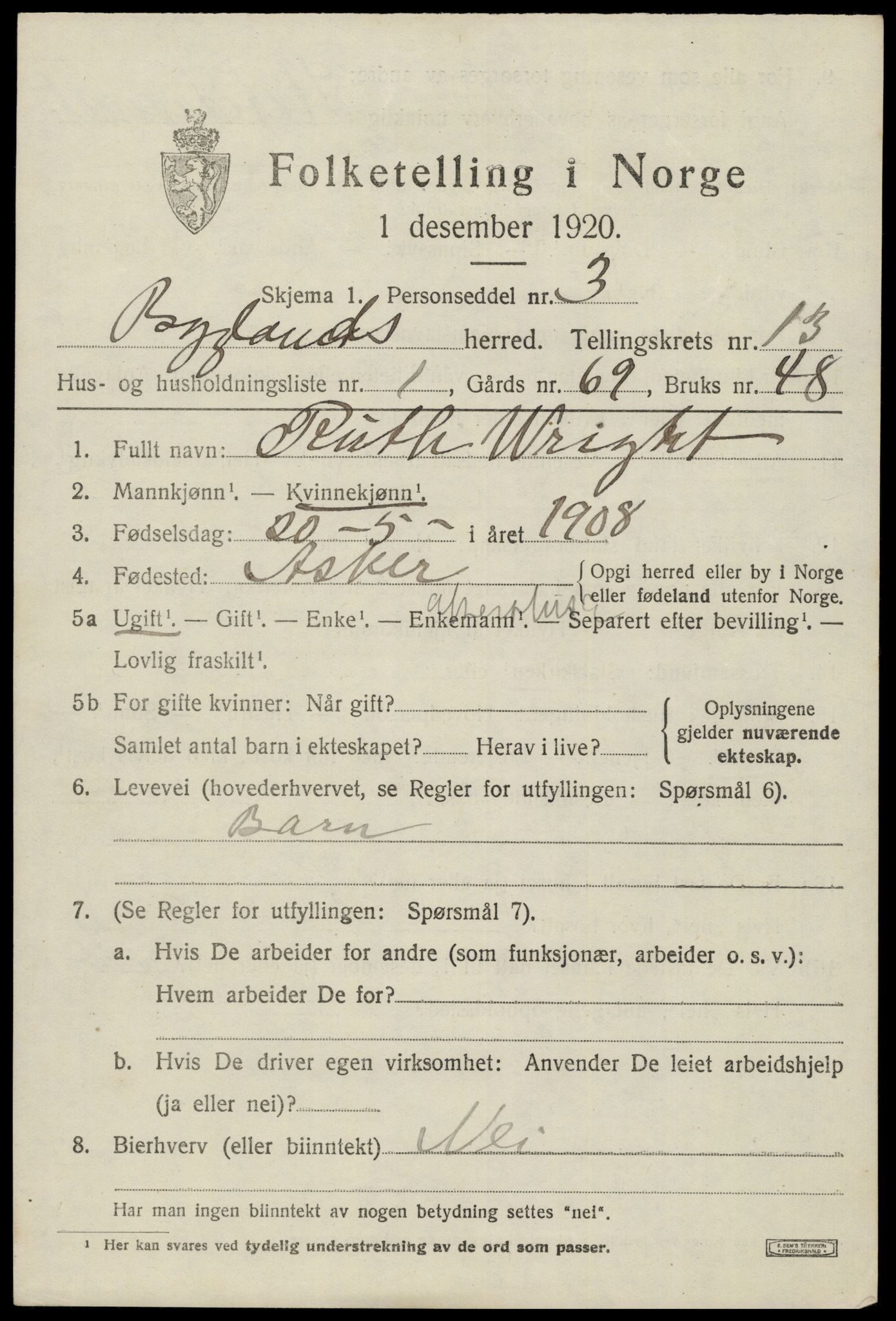 SAK, 1920 census for Bygland, 1920, p. 5261