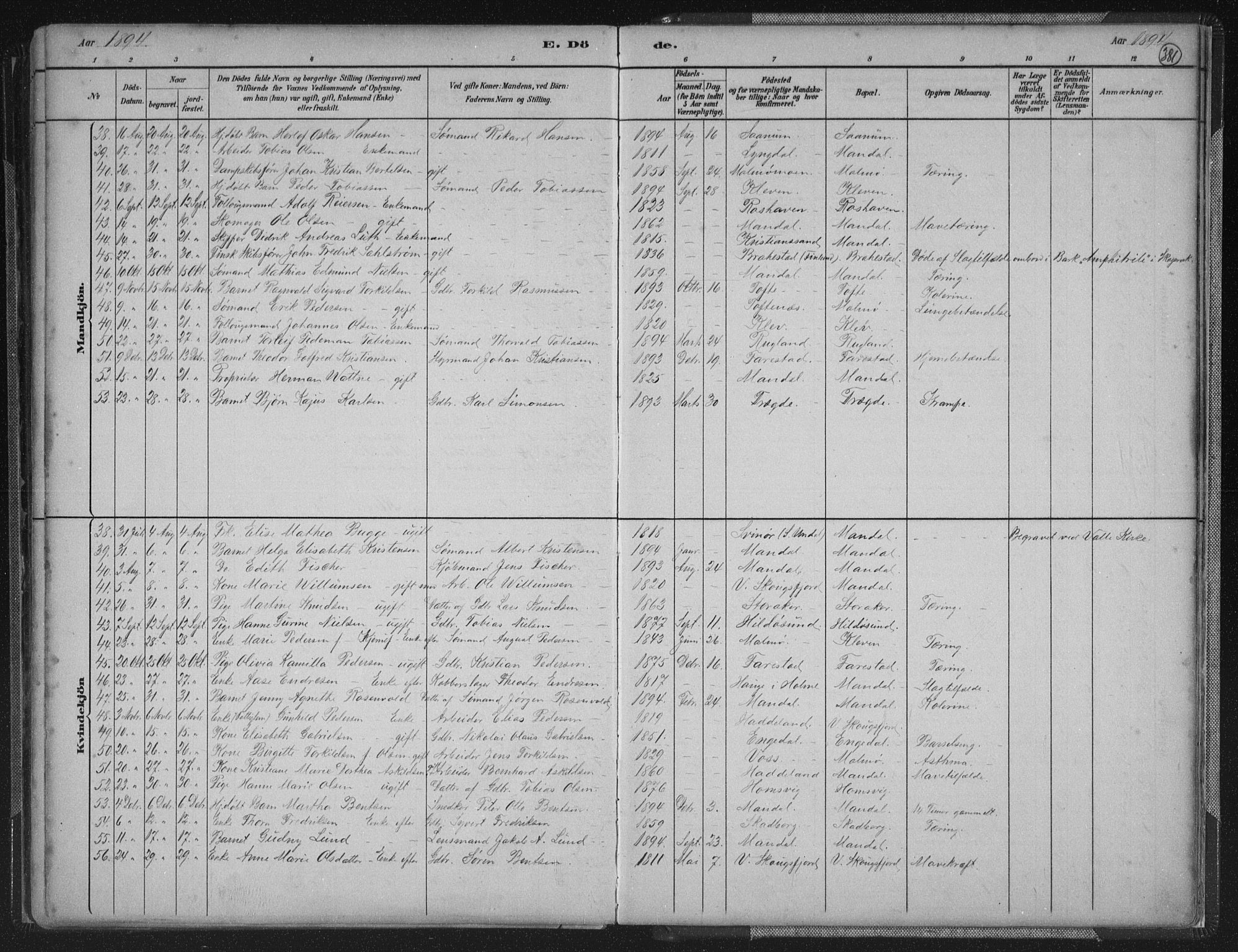 Mandal sokneprestkontor, AV/SAK-1111-0030/F/Fb/Fba/L0011: Parish register (copy) no. B 5, 1880-1898, p. 381